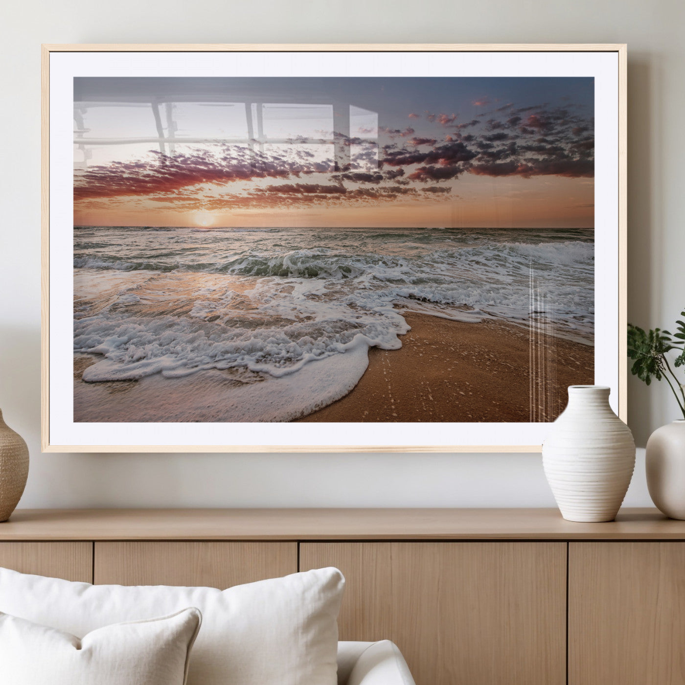 39846389-MGV-CV-36X24-Ocean Sunset Wall Art Canvas Print – Framed Sandy Shore Gentle Waves Coastal Landscape Minimalist Artwork for Home, Office