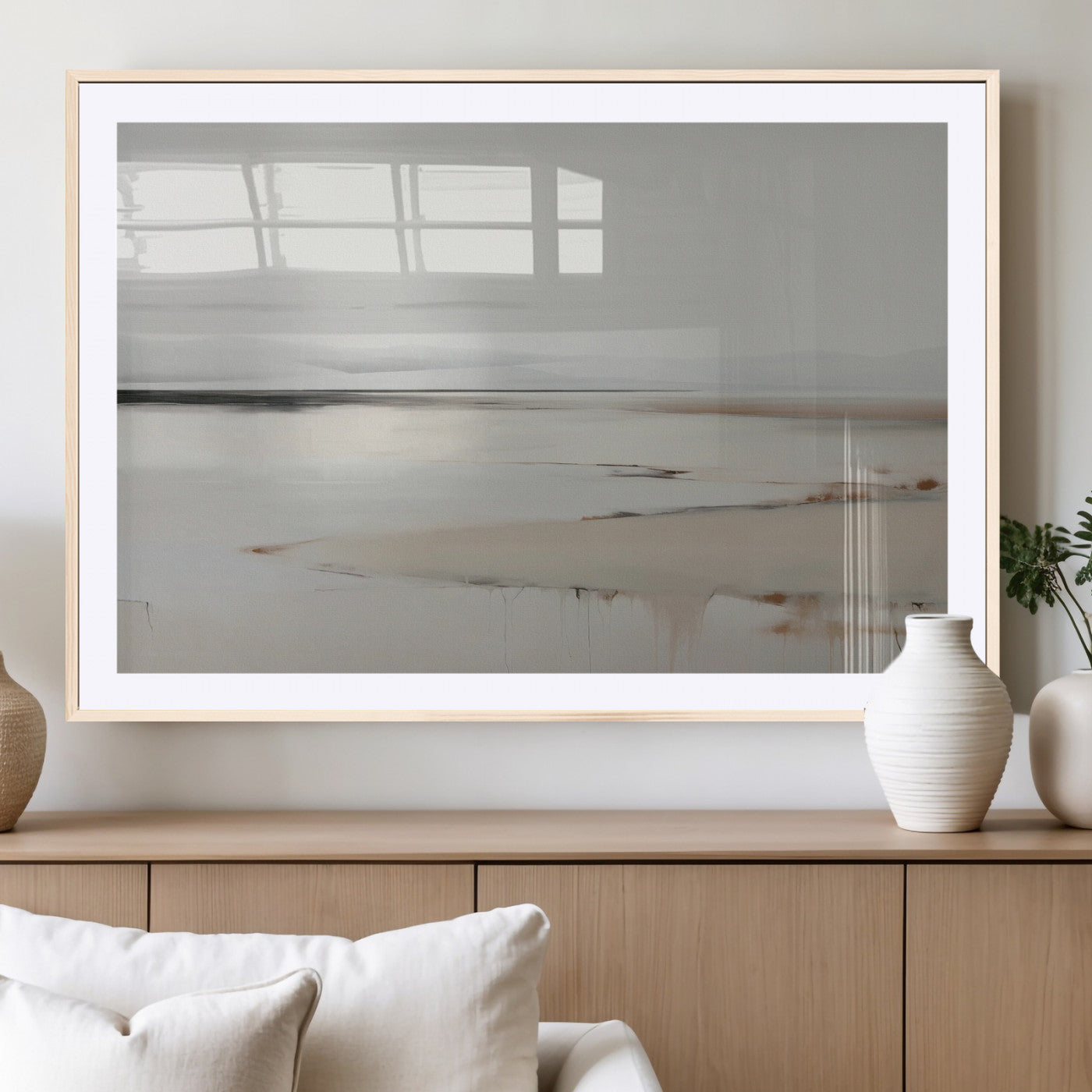 89410095-MGC-FP-36x24_Natural-Minimalist Landscape Wall Art Canvas Print – Framed Soft Horizon Abstract Seascape Earthy Tones Artwork for Home Office