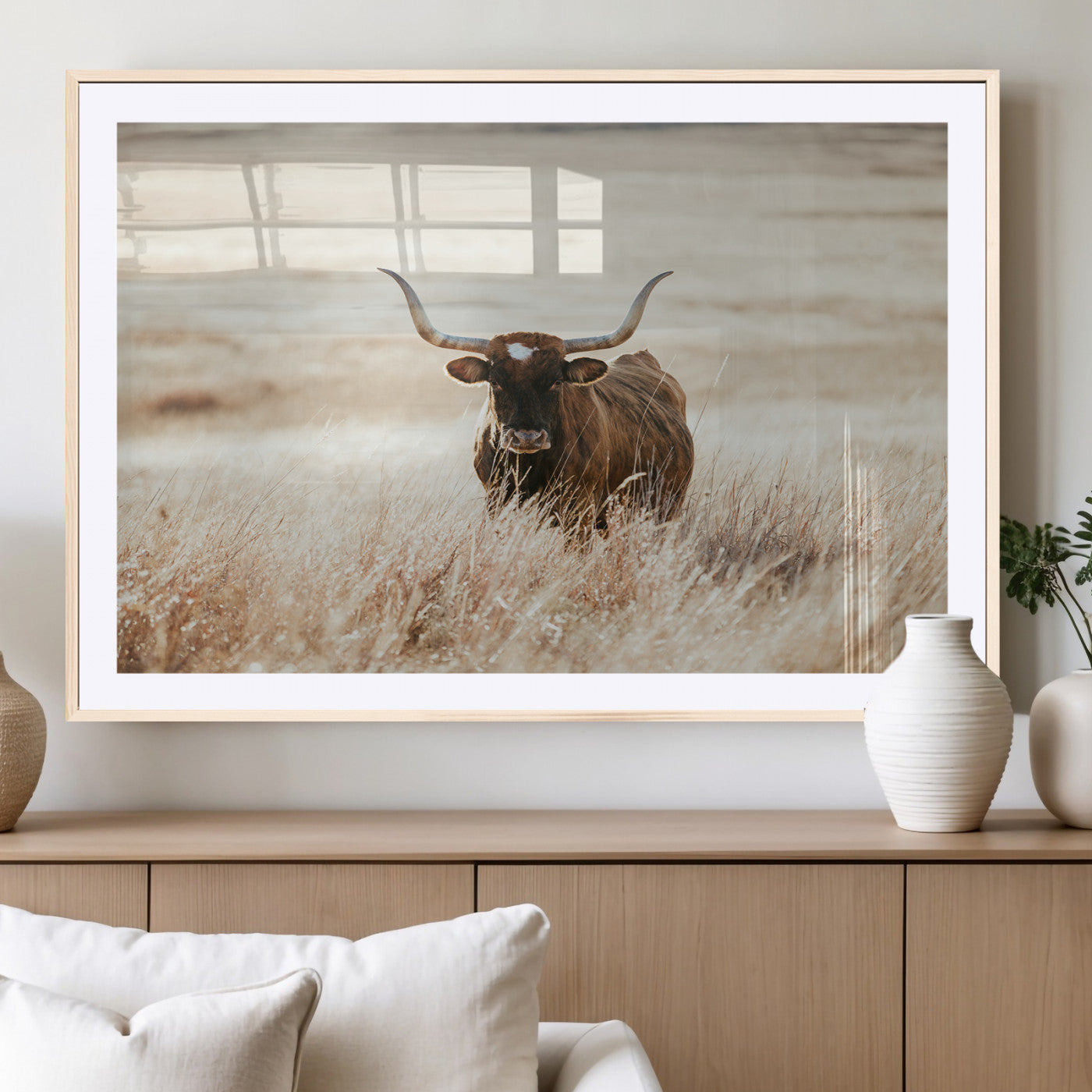 15937933-MGC-FP-36x24_Natural-Texas Longhorn Wall Art Canvas Print, Framed Brown Cattle Art Picture Print, Horned Bull Perfect Rustic Western Decor Artwork