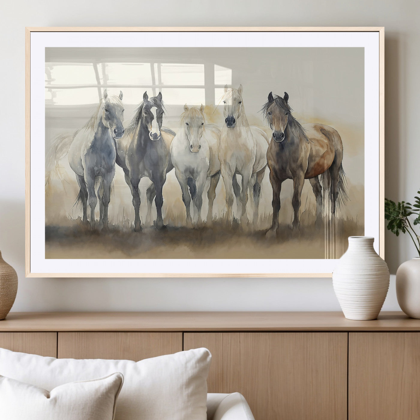 MGC-FP-36x24 - Wild Horses Wall Art Canvas Print, Framed Running Horses Art Picture Print, Watercolor Horses Perfect Rustic Western Decor Artwork