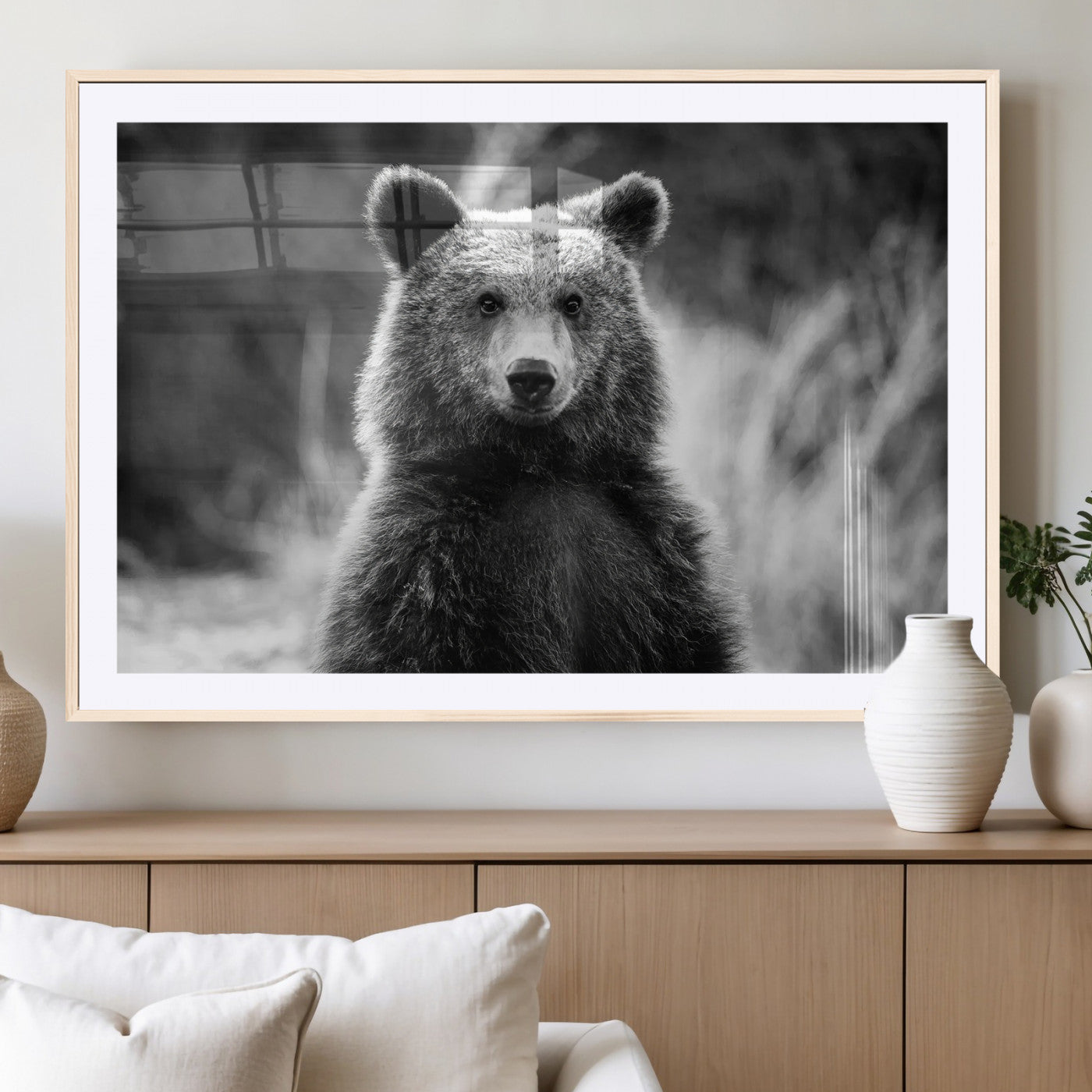 55656803-MGC-FP-36x24_Natural-Grizzly Bear Wall Art Canvas Print – Framed Black White Wildlife Rustic Nature Artwork for Home, Office Decor