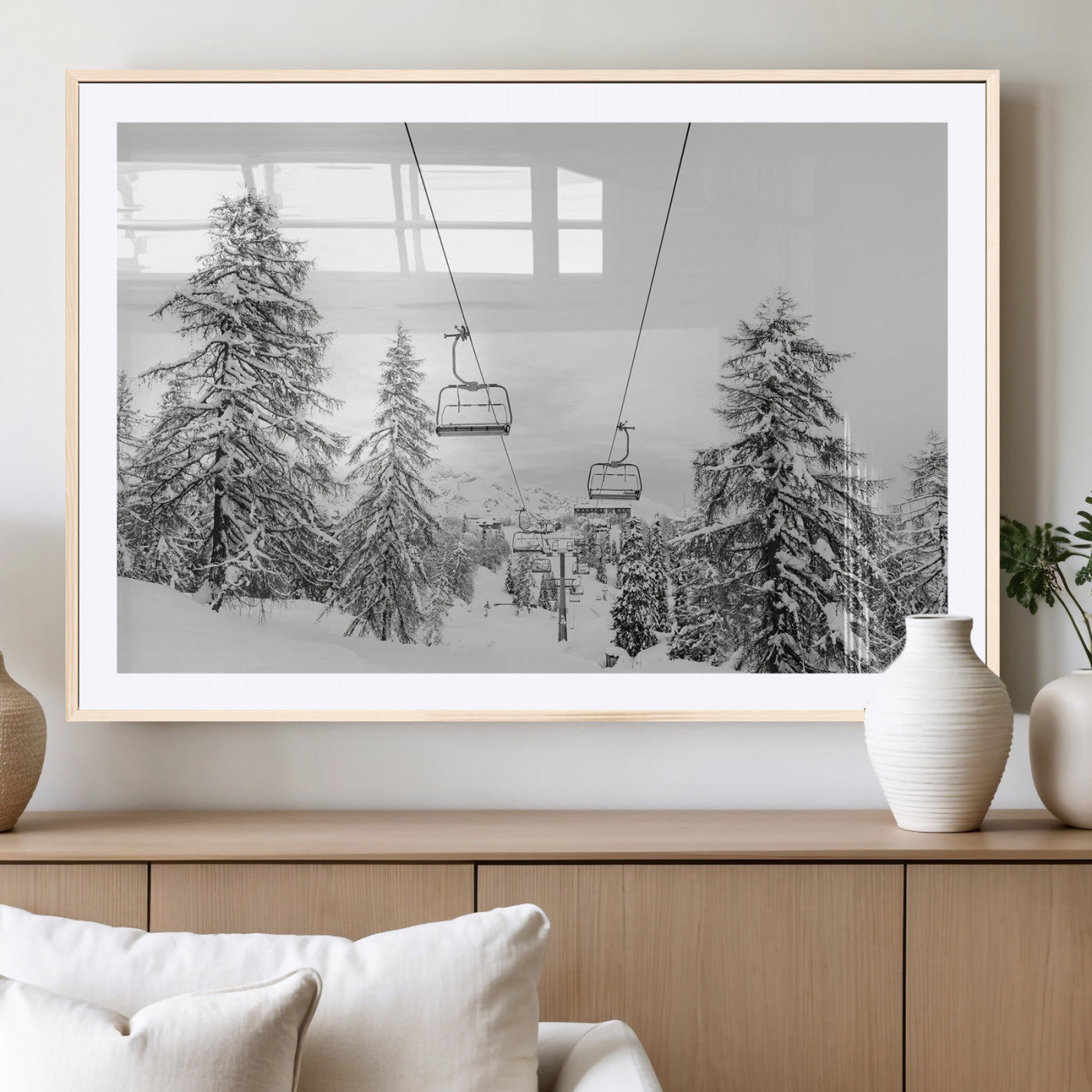 55003599-MGC-FP-36x24_Natural-Ski Lift Wall Art – Framed Snowy Mountain Canvas Artwork, Winter Forest Design, Minimal Nature Decor for Home, Office
