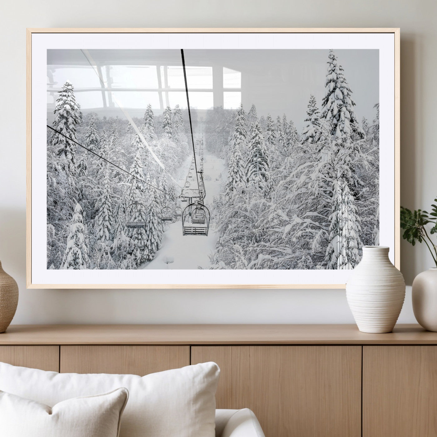 60296839-MGC-FP-36x24_Natural-Snowy Mountains Wall Art – Framed Ski Lift Canvas Artwork, Peaceful Winter Design, Rustic Forest Decor for Home, Office