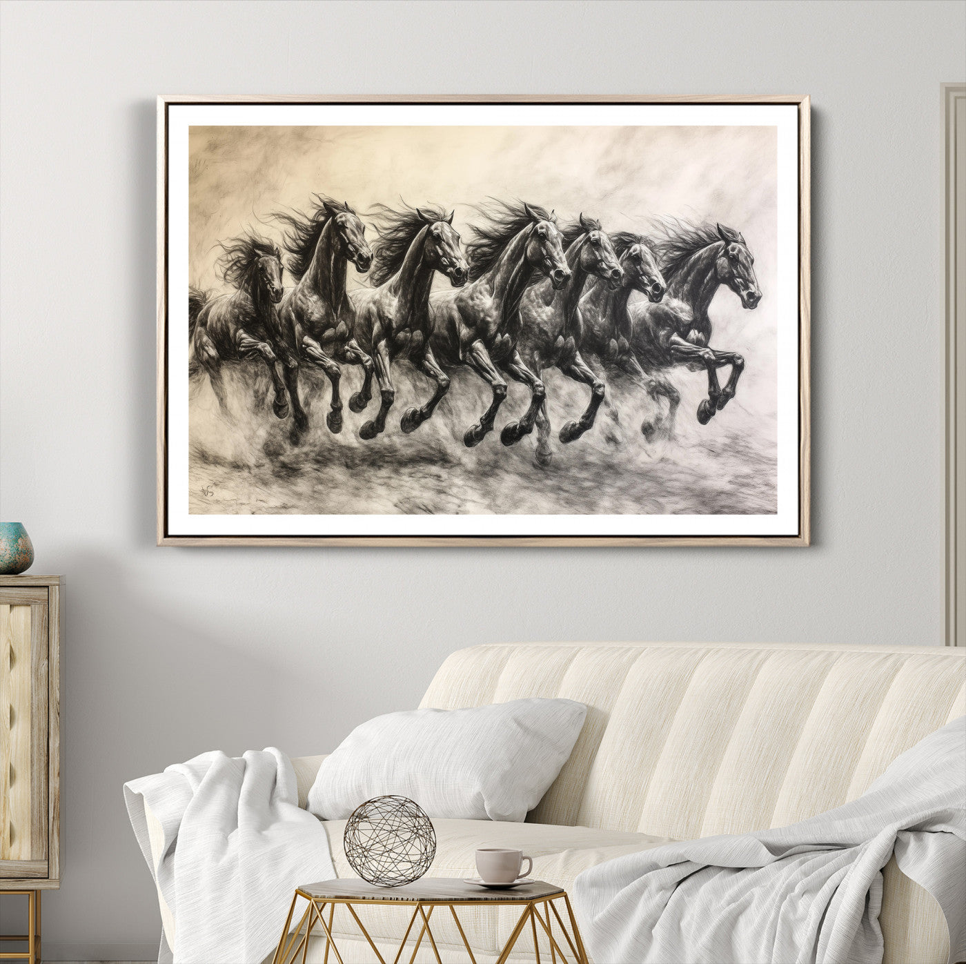 -Galloping Horses Wall Art Canvas Print, Framed Wild Stallions Art Picture Print, Horse Herd Sketch