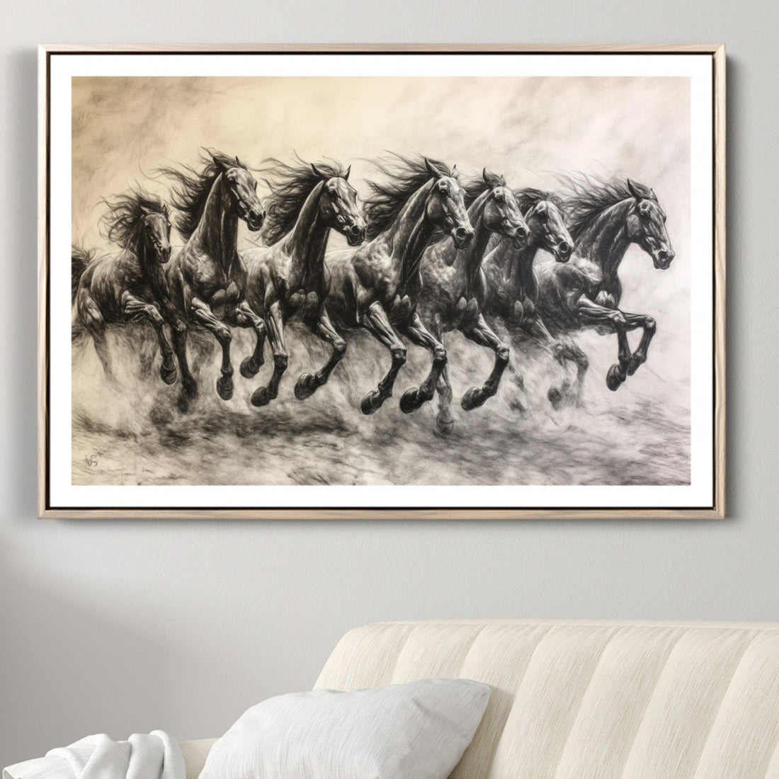 Galloping Horses Wall Art Canvas Print, Framed Wild Stallions Herd Monochrome Sketch