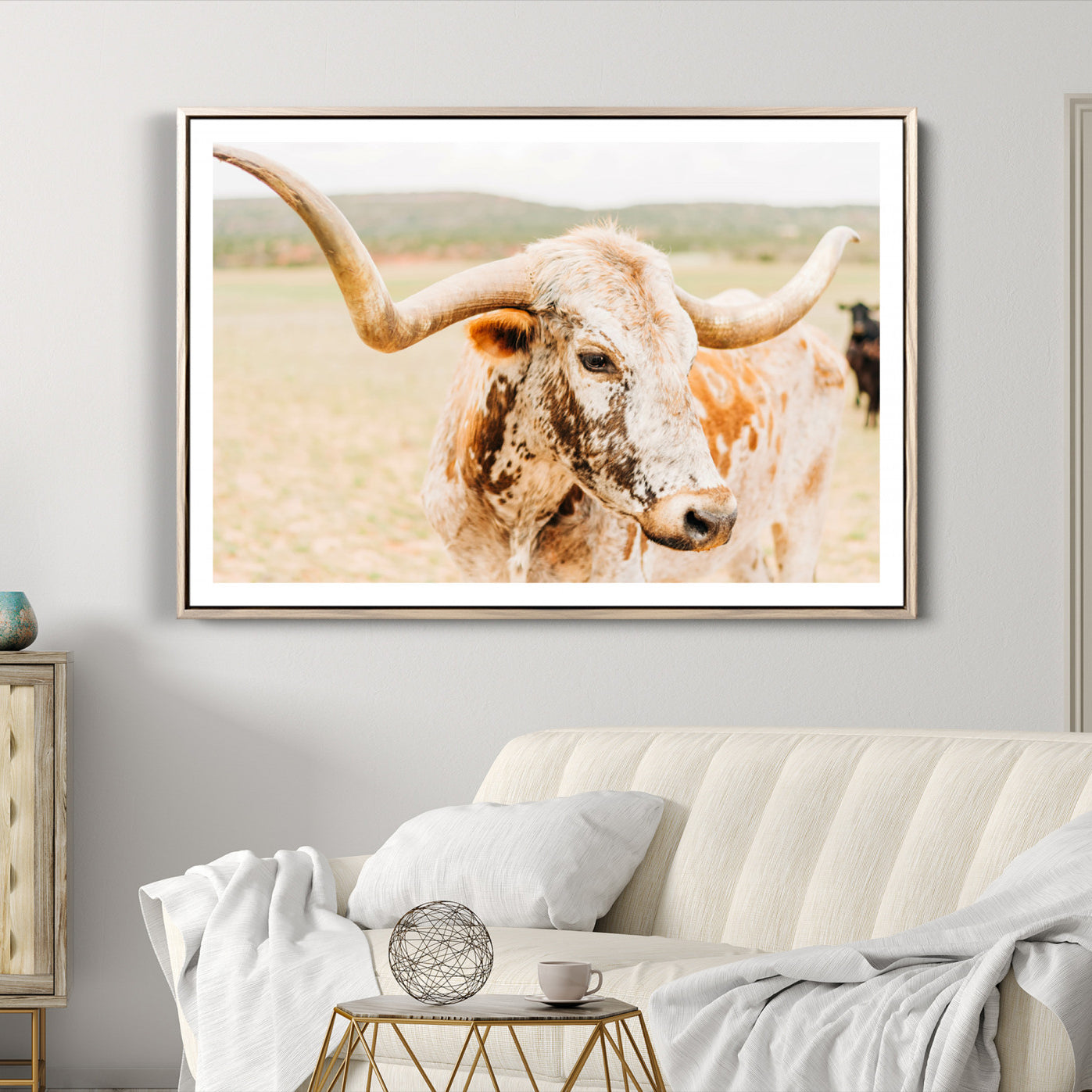 -Texas Longhorn Wall Art Canvas Print, Framed Speckled Cow Art Picture Print, Rustic Bull Perfect