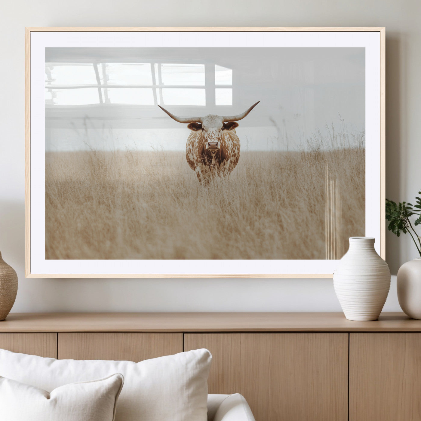 MGC-FP-36x24 - Texas Longhorn Wall Art Canvas Print, Framed Lone Cattle Art Picture Print, Longhorn Bull Perfect Rustic Western Decor Artwork