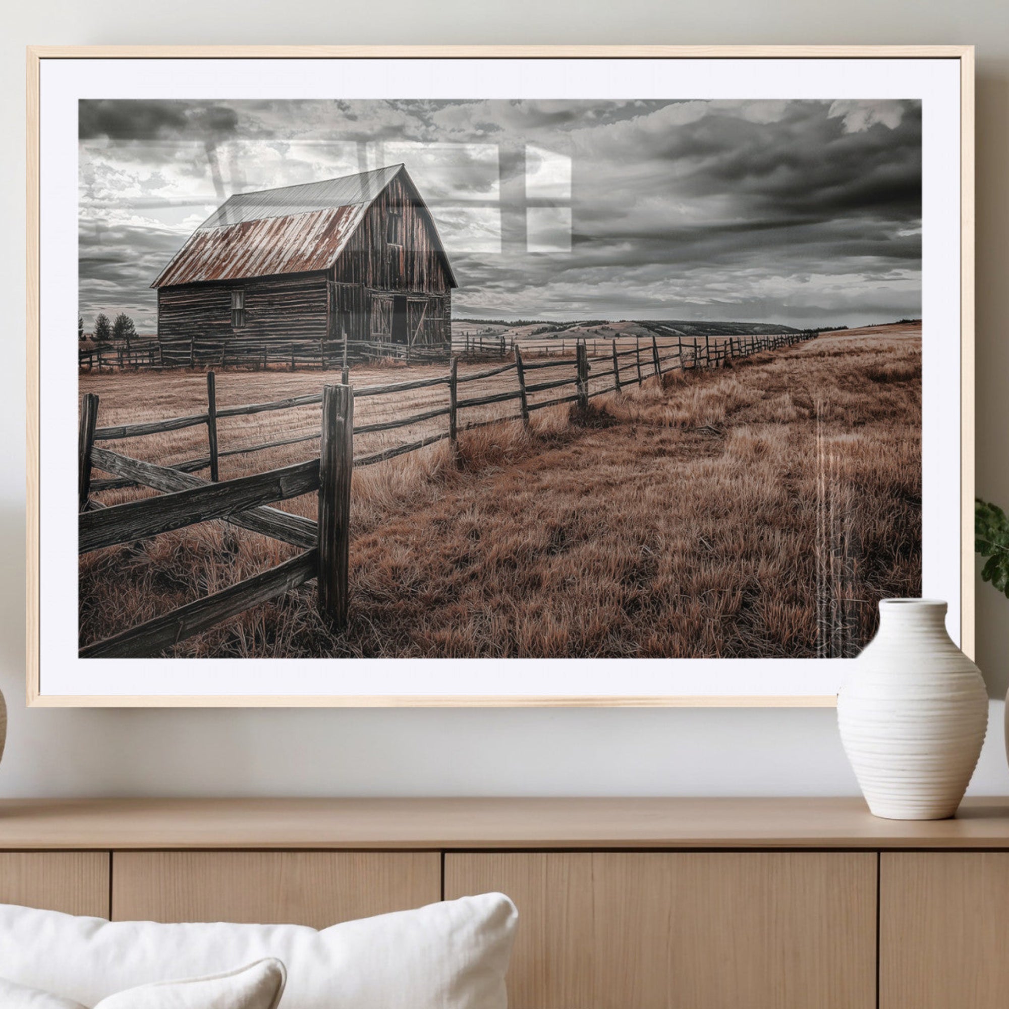 -Rustic Barn Wall Art Canvas Print – Framed Moody Field Scene with Weathered Fence Artwork for Home, Office, Living Room