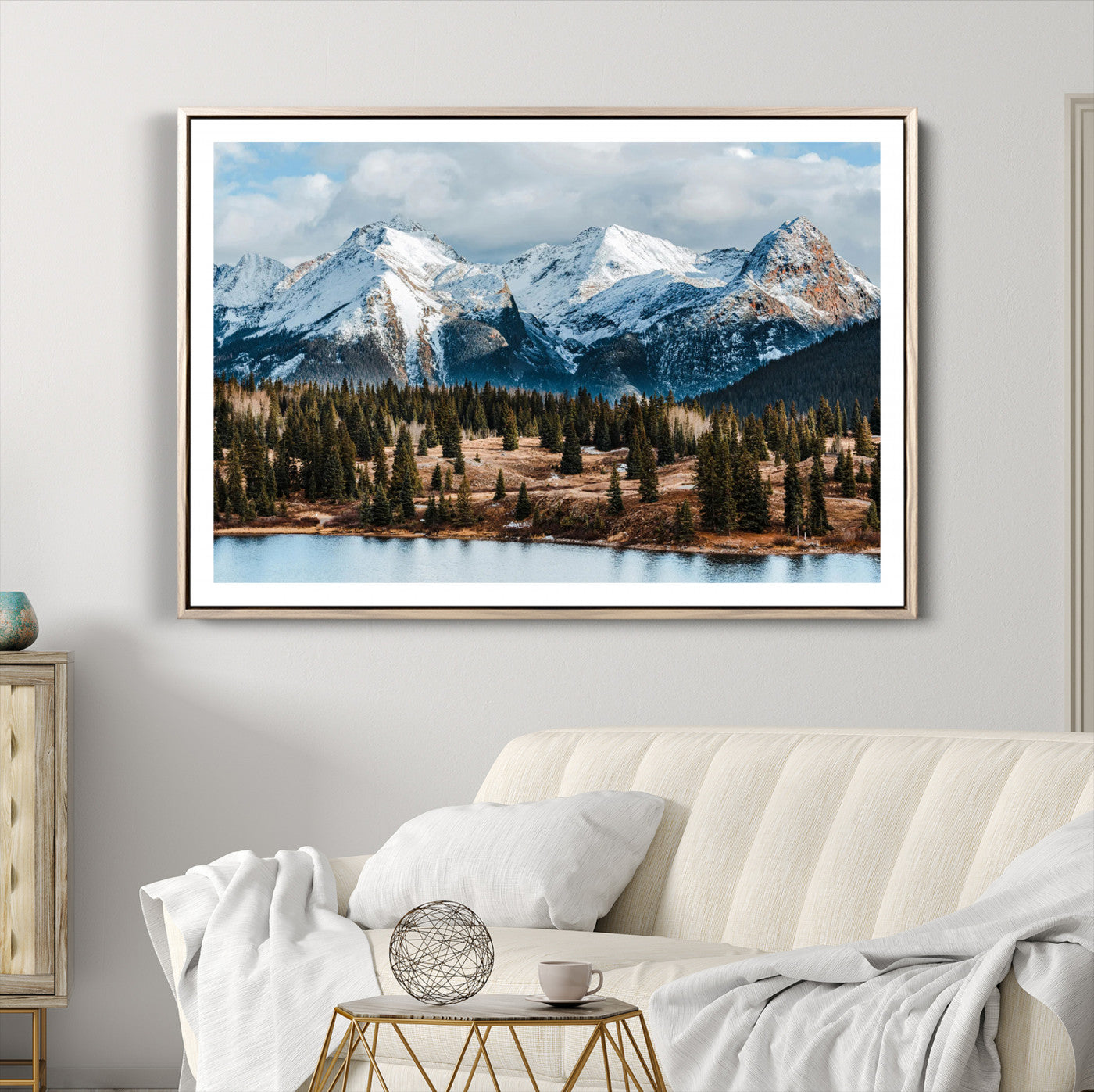 -Snowy Peaks Wall Art Canvas Print, Framed Alpine Lake Art Picture Print, Pine Forest Perfect Alpine