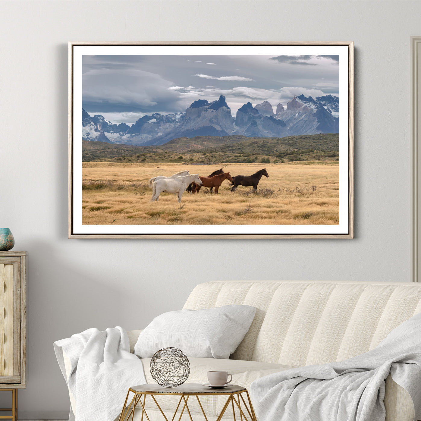 69960232-MGV-CV-36X24-Horses Grazing Wall Art Canvas Print – Framed Mountain Field Scenic Landscape Cloudy Sky Nature Artwork for Home Office