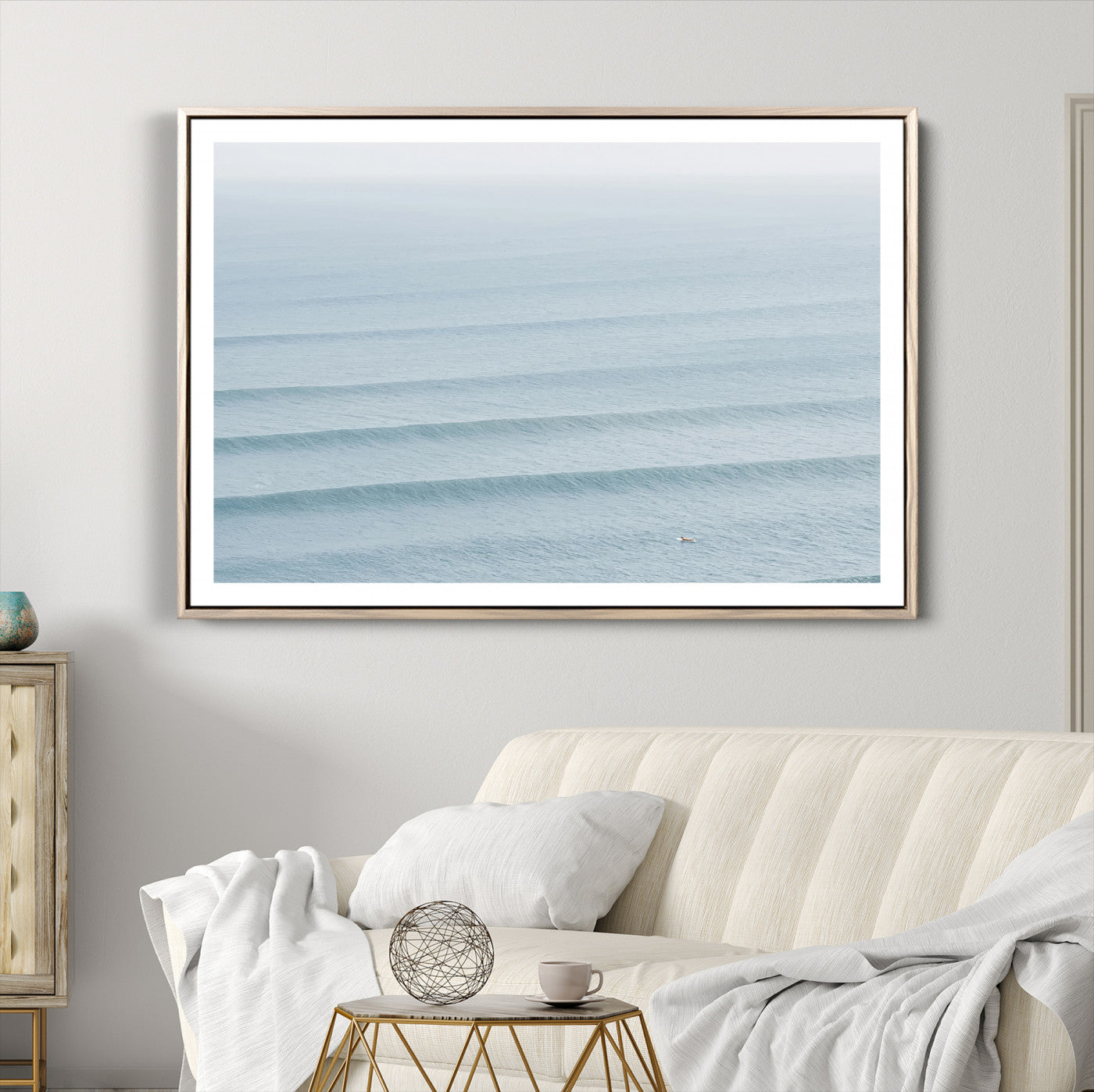 -Ocean Waves Wall Art Canvas Print, Framed Solo Surfer Art Picture Print, Wave Lines Perfect