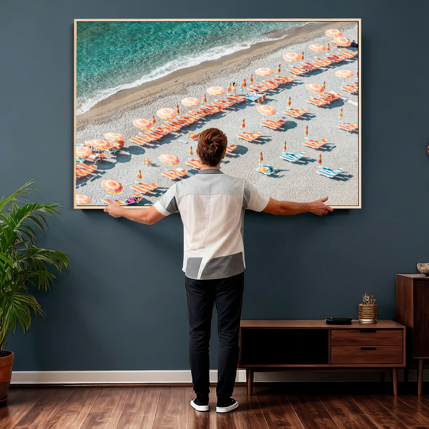 27805351-MGV-CV-36X24 - Beach Umbrellas Wall Art – Orange Loungers & Turquoise Water Canvas Print, Sandy Shore and Summer Vibes