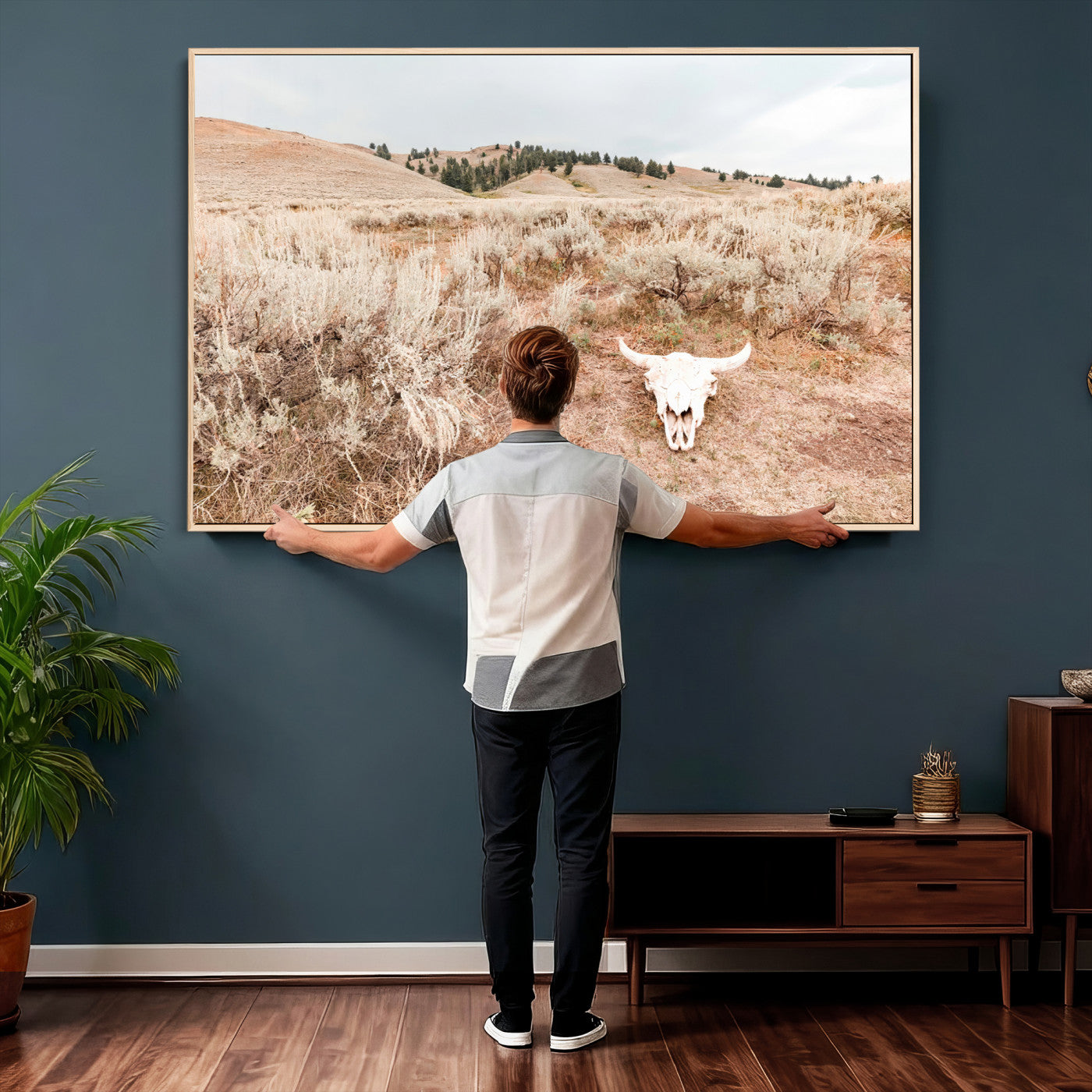 97234735-MGV-CV-36X24 - Desert Skull Wall Art – Arid Landscape & Sagebrush Canvas Print, Rustic Nature and Earth Tones for Living Room or Minimalist Decor