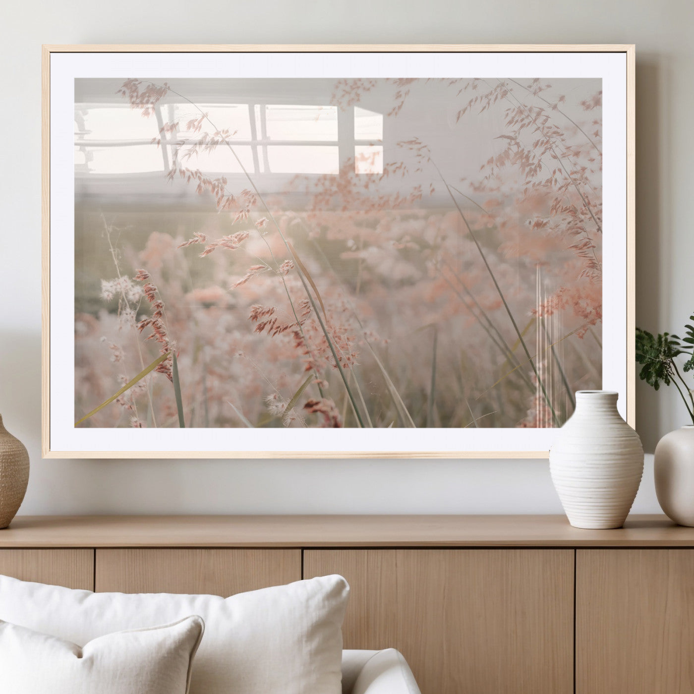 79164340-MGC-FP-36x24_Natural-Pastel Grasses Wall Art Canvas Print, Framed Soft Meadow Art Picture Print, Field in Breeze Perfect Soft Pastel Minimal Decor Artwork
