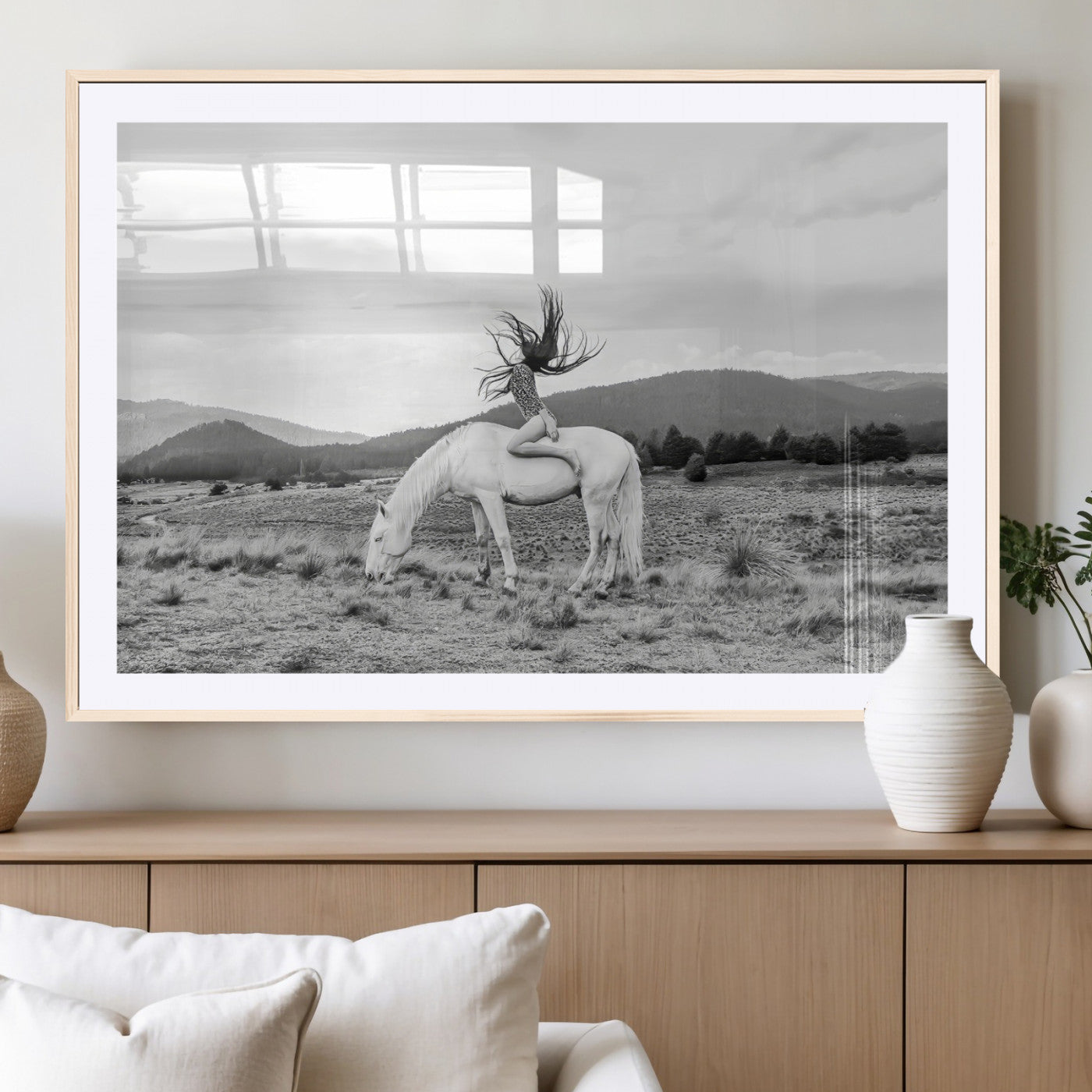 62789800-MGC-FP-36x24_Natural-White Horse Wall Art Canvas Print – Framed Woman Rider Equestrian Pose Western Boho Elegant Artwork for Home Office