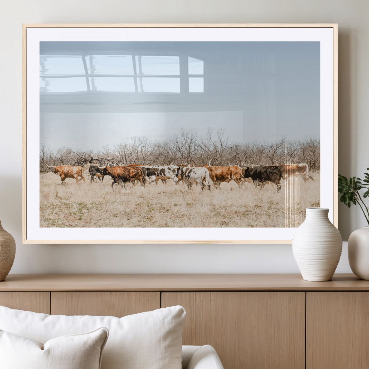 16563092-MGC-FP-36x24_Natural-Texas Longhorns Wall Art Canvas Print – Framed Western Cattle Rustic Herd Farmhouse Country Animal Artwork for Home Office