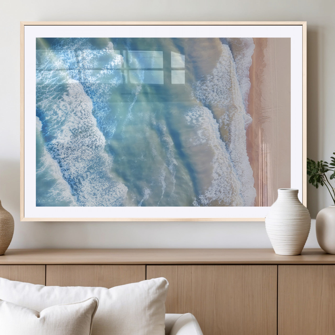 17641845-MGC-FP-36x24_Natural-Aerial Ocean View Wall Art Canvas Print – Framed Soft Blue Waves Sandy Shoreline Modern Coastal Artwork for Home Office