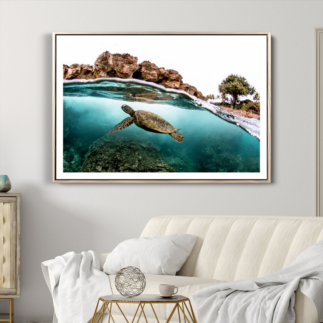 Sea Turtle Wall Art Canvas Print, Framed Ocean Life Tropical Coastal Art