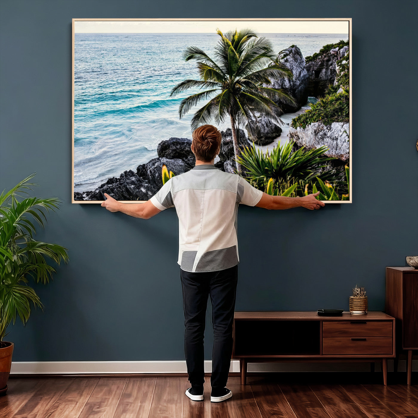 94669907-MGV-CV-36X24 - Tropical Palm Wall Art – Coastal Rocks Canvas Print, Ocean Breeze, Sandy Shore, Vibrant Green Foliage for Living Room or Beach House Decor