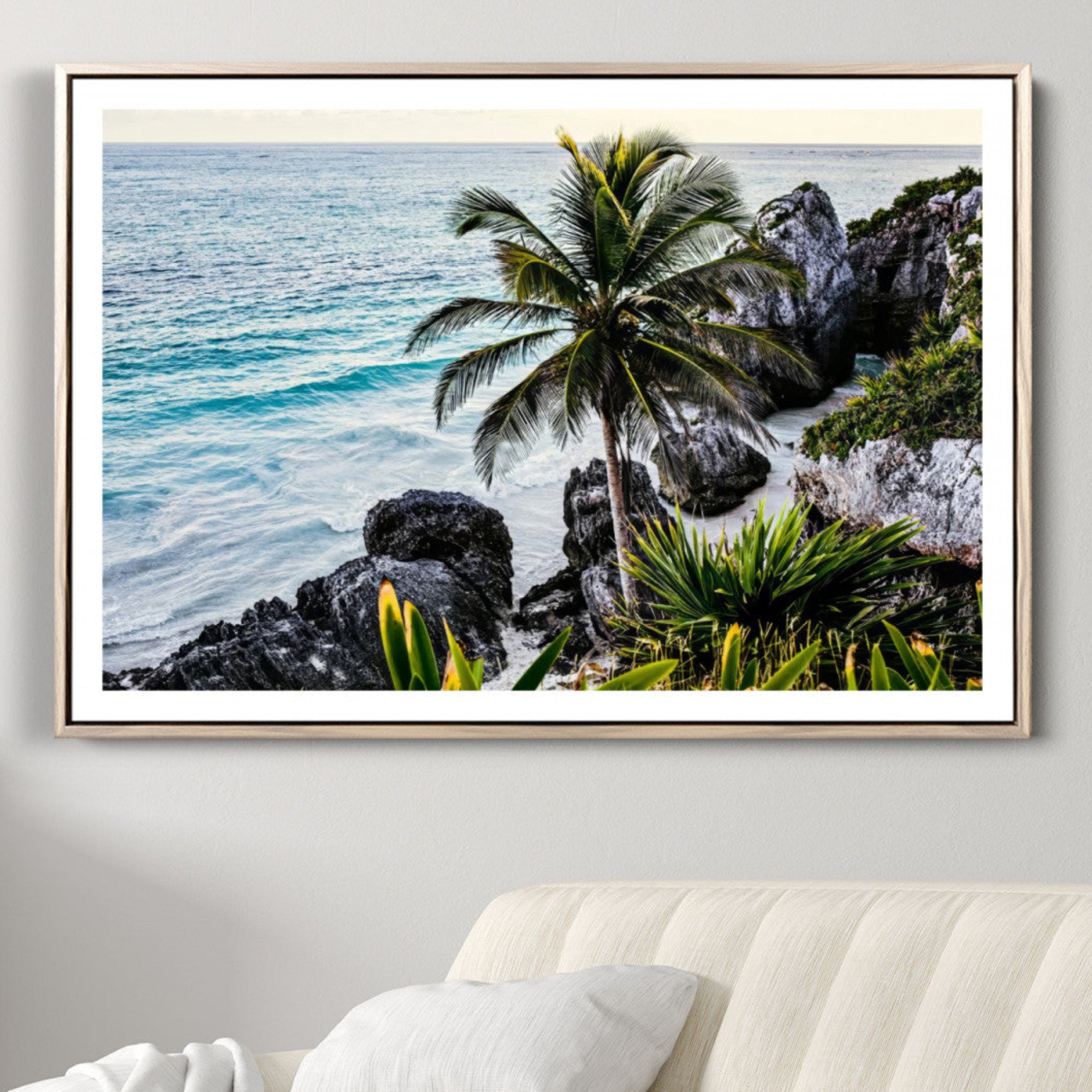 94669907-MGV-CV-36X24-Tropical Coastline Wall Art Canvas Print – Framed Palm Tree and Rocky Beach Scene Artwork for Home, Office Decor