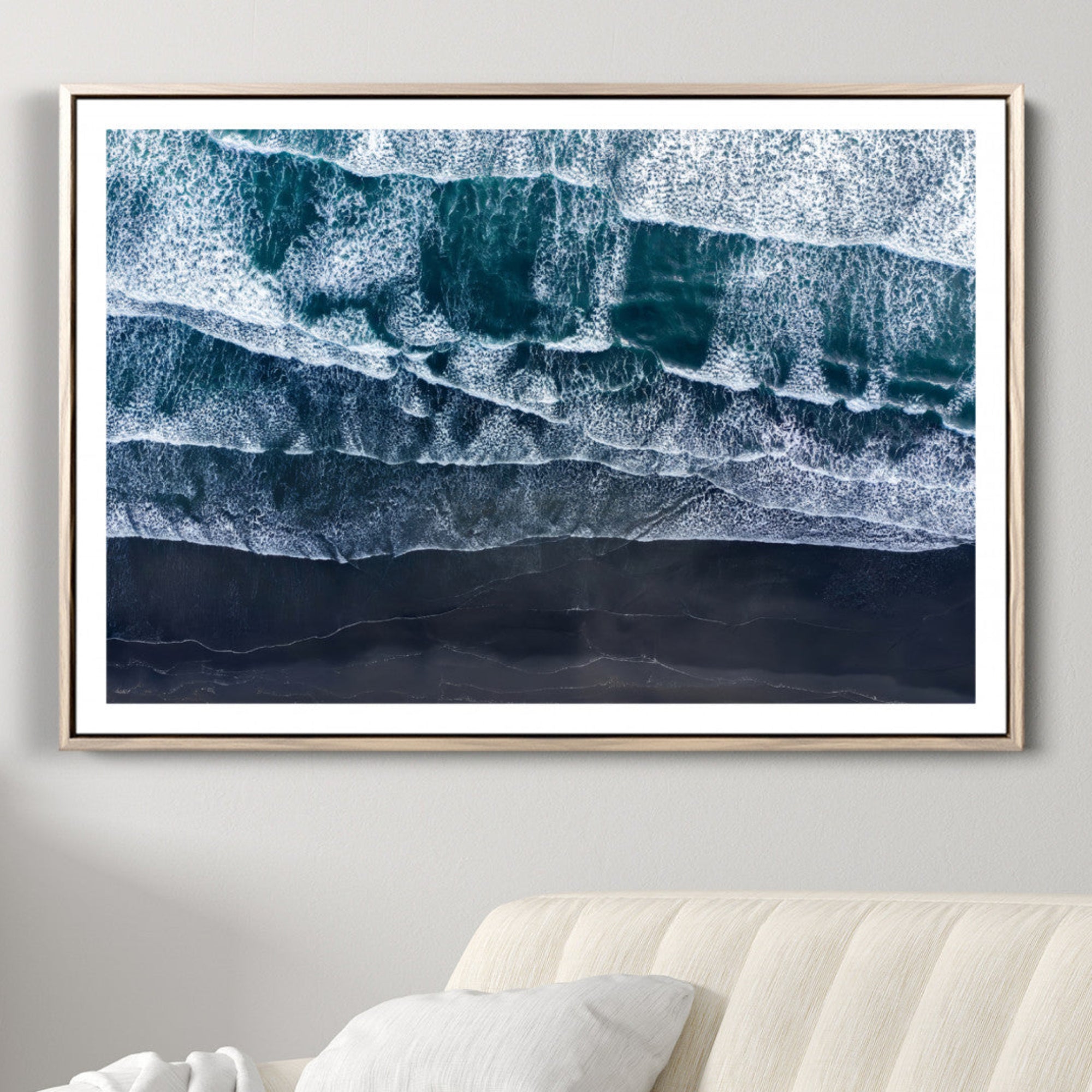87941475-MGV-CV-36X24-Black Beach Wall Art Canvas Print – Framed Aerial Ocean View Moody Coastal Seascape Nature Artwork for Home Office