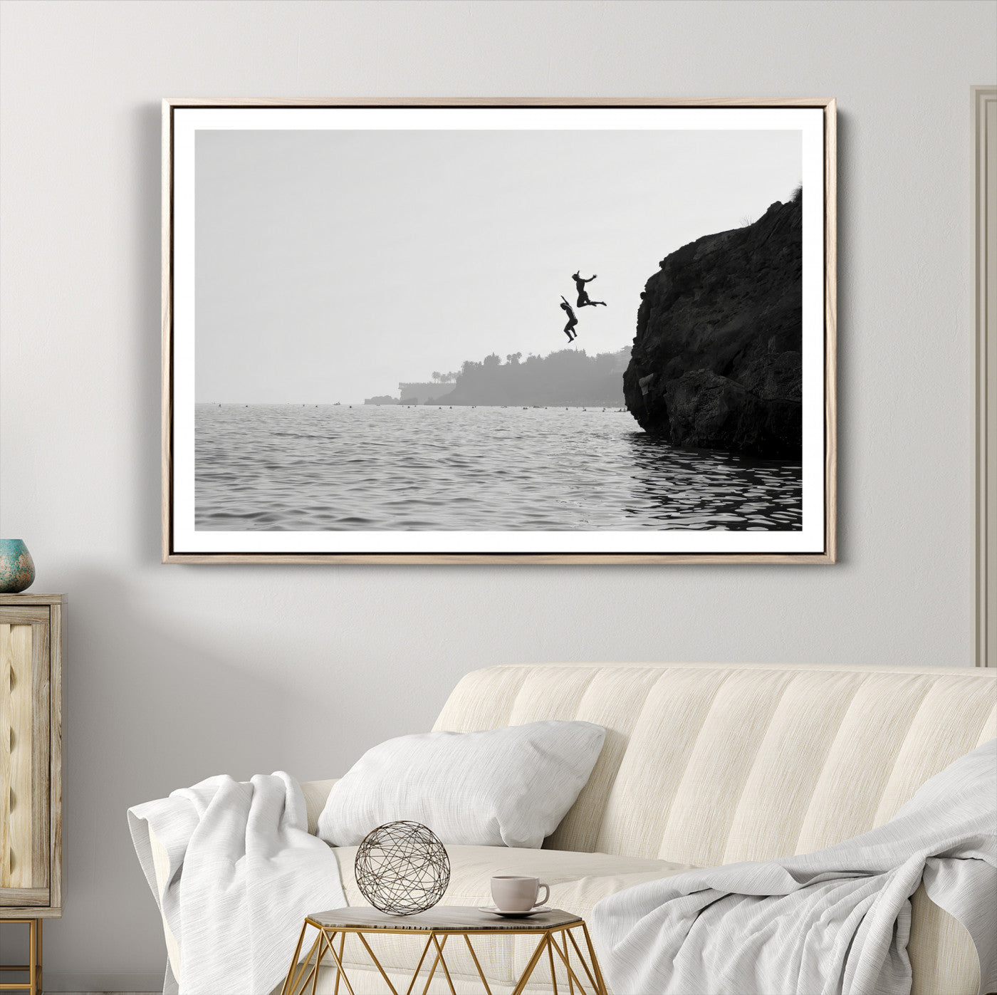 52284302-MGV-CV-36X24-Jumping Wall Art Canvas Print – Framed Coastal Ocean Scene Artwork for Relaxing Beach Home, Office Decor