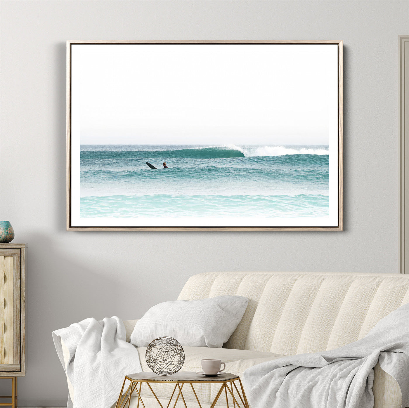 -Surfing Wall Art Canvas Print, Framed Ocean Art Picture Print, Waves Perfect Minimalist Decor for Living Room, Bedroom or Office