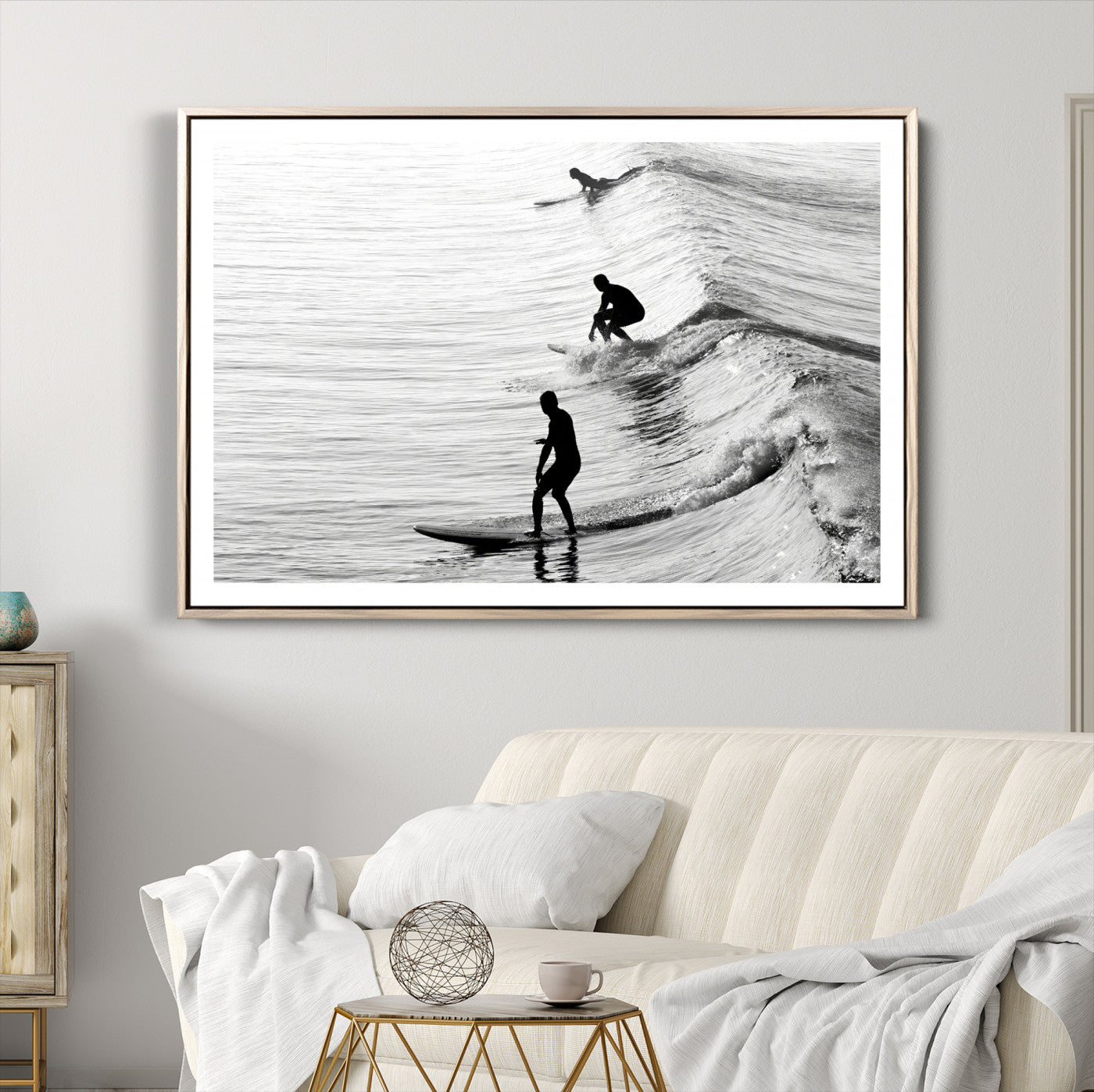 -Surfers on Waves Wall Art Canvas Print, Framed Black White Surf Art Picture Print, Monochrome Ocean