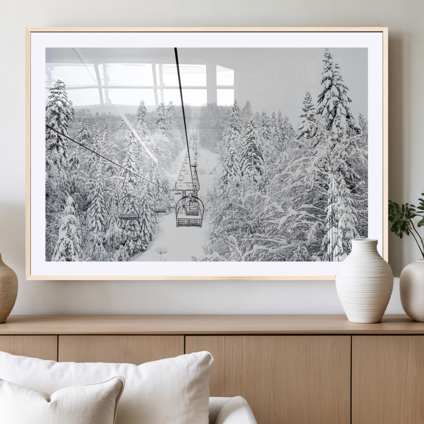 44705668-MGV-CV-36X24-Snowy Ski Lift Wall Art – Framed Winter Mountain Canvas Artwork, Serene Forest Design, Modern Nature Decor for Home, Office