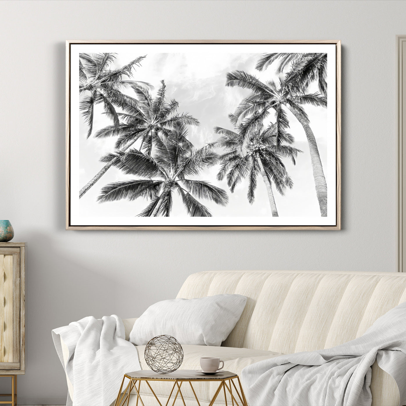 62113786-MGV-CV-36X24-Black and White Palm Wall Art Canvas Print – Framed Monochrome Tropical Beach Scene Artwork for Modern Home, Office Decor