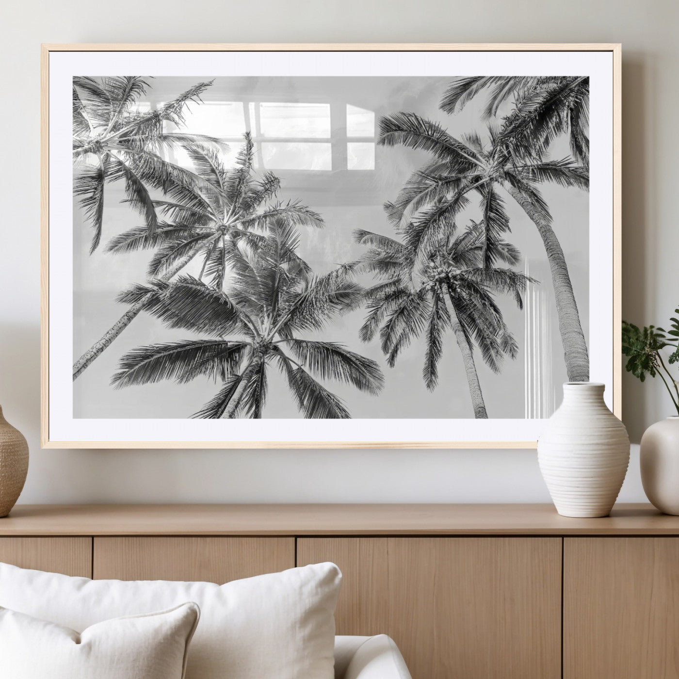 62113786-MGC-FP-36x24_Natural-Black and White Palm Wall Art Canvas Print – Monochrome Tropical Beach Minimalist Coastal Artwork for Home, Office