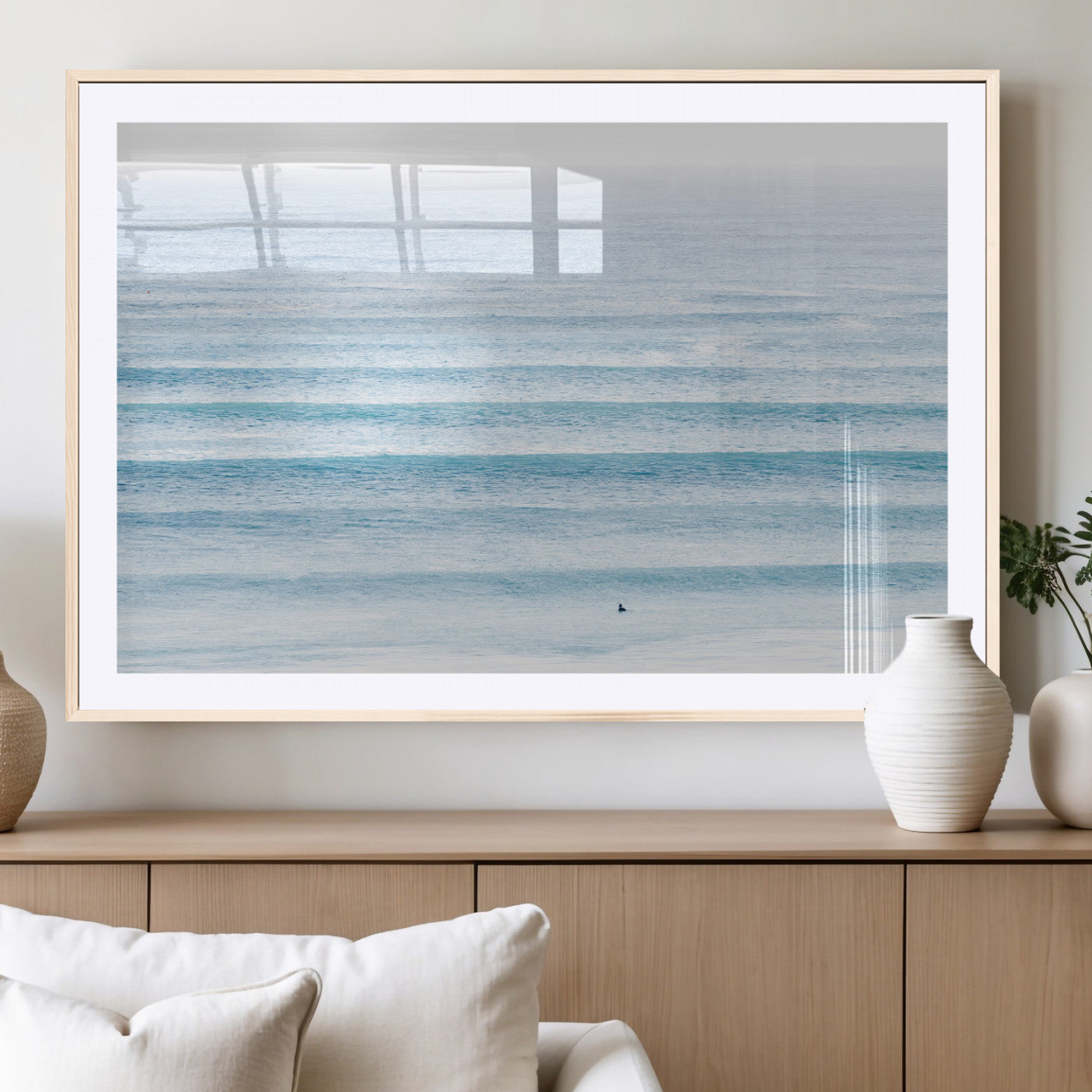 77145995-MGV-CV-36X24-Ocean Wave Surfer Wall Art – Framed Minimal Seascape Canvas Artwork, Calm Blue Water Design, Coastal Decor for Home, Office