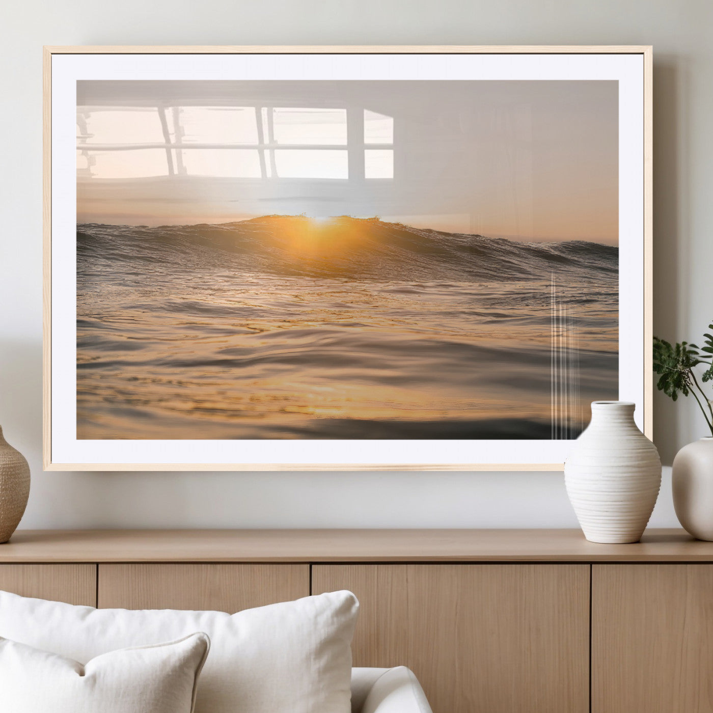 16973771-MGV-CV-36X24-Calm Water Wall Art – Framed Sunset Waves Canvas Artwork, Coastal Warm Design, Minimal Ocean Decor for Home, Office