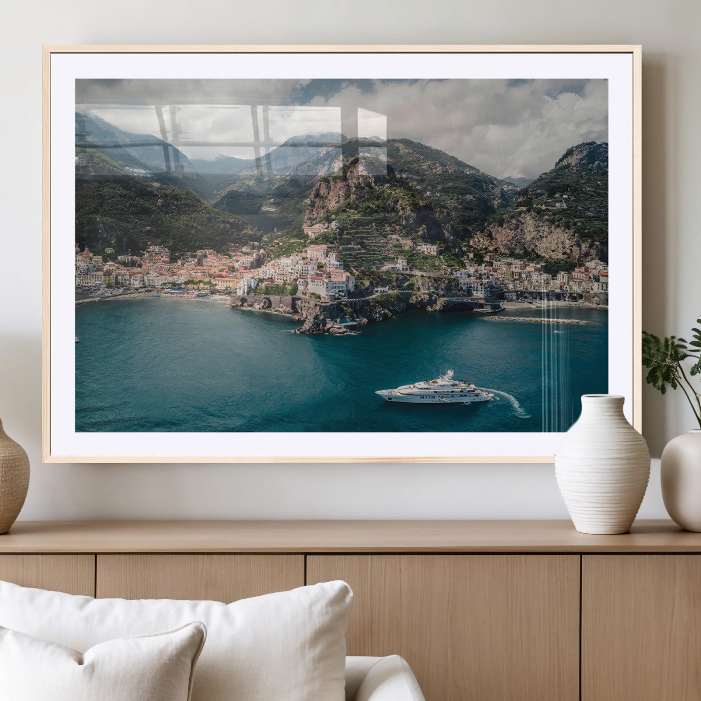 20321590-MGV-CV-36X24-Amalfi Coast Wall Art – Framed Italian Seaside Canvas Artwork, Mediterranean Landscape Design, Coastal Decor for Home, Office