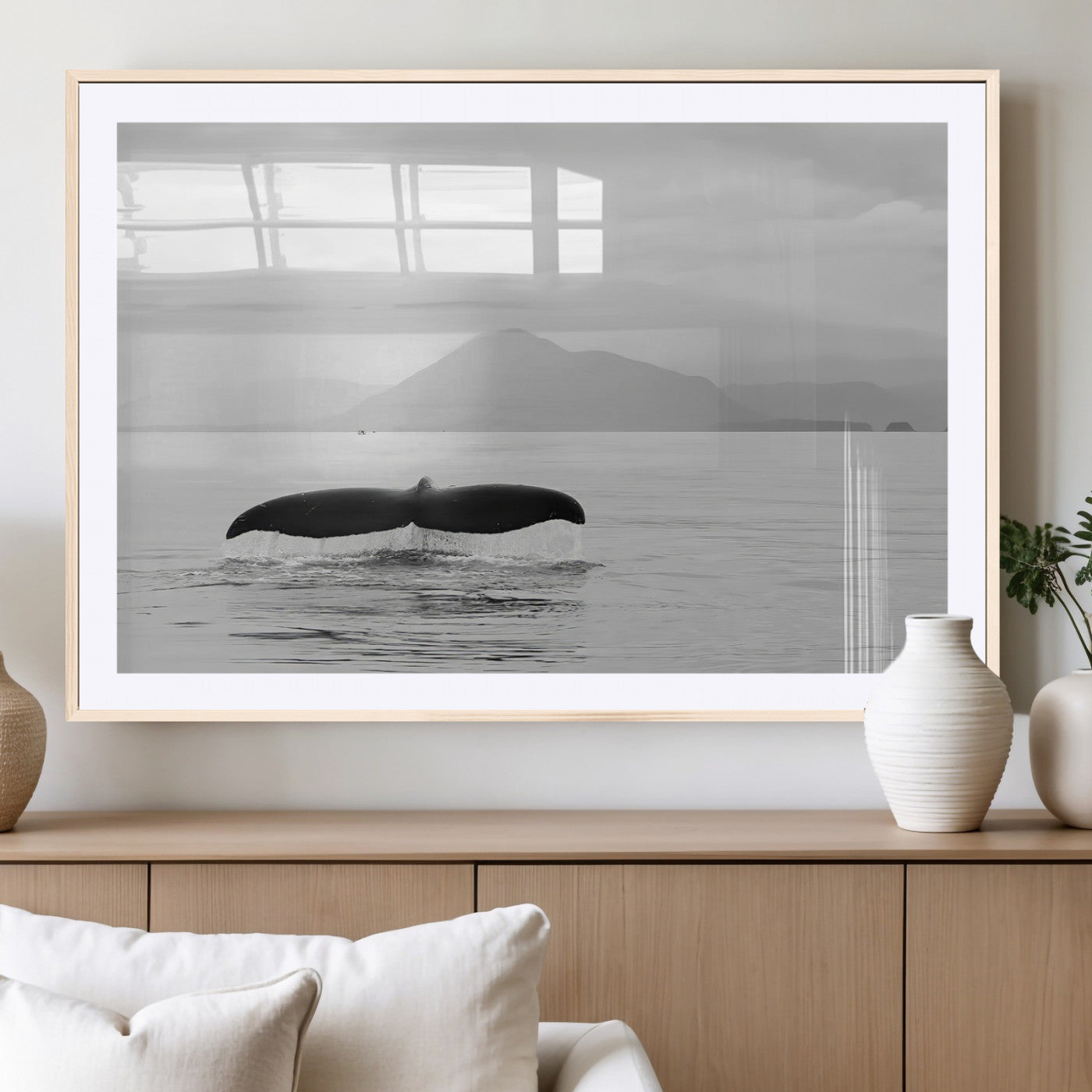 MGC-FP-36x24 - Whale Tail Wall Art Canvas Print, Framed Black White Ocean Art Picture Print, Calm Marine Perfect Minimalist Coastal Decor Artwork