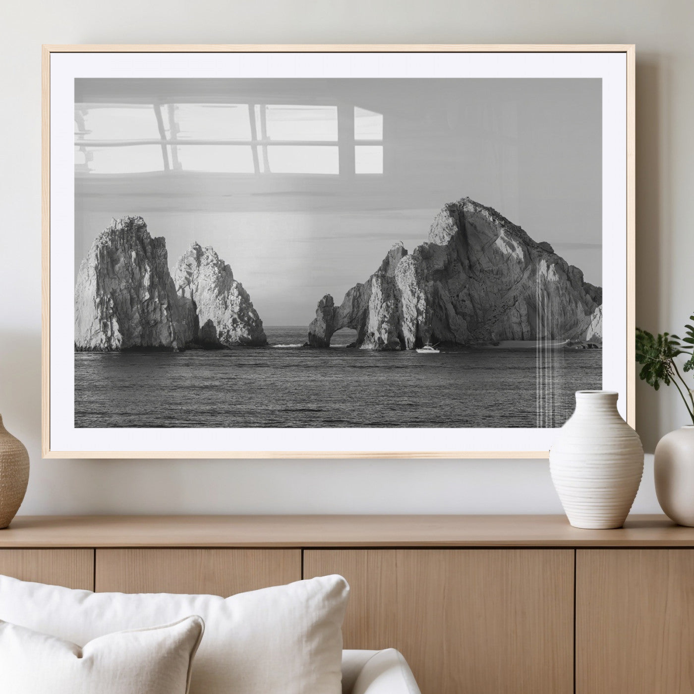 MGC-FP-36x24 - Rugged Coastline Wall Art Canvas Print, Framed Ocean Cliffs Art Picture Print, Monochrome Seascape Perfect Coastal Minimalist Decor Artwork