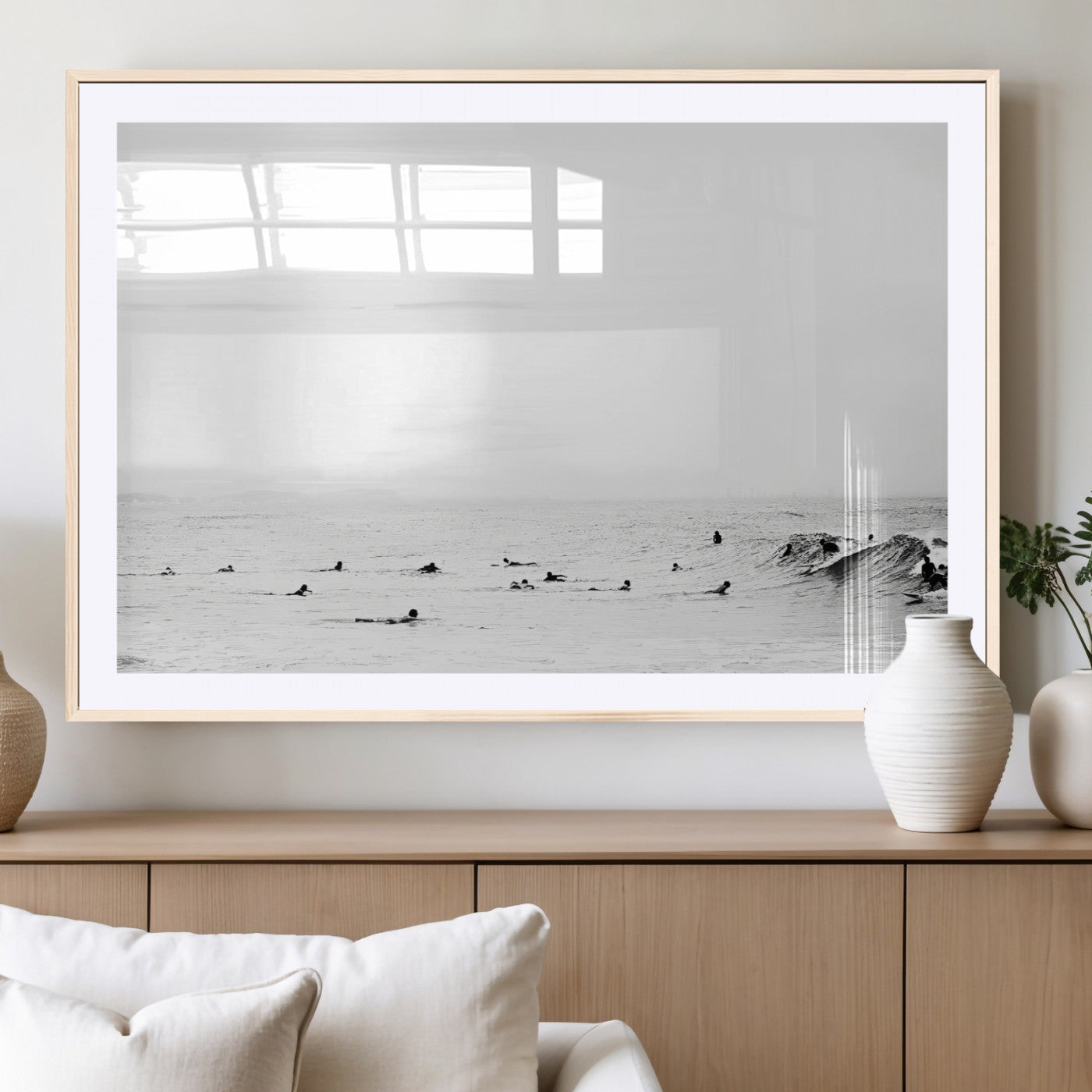 38441169-MGC-FP-40x30-Monochrome Swimming Wall Art Canvas Print – Framed Ocean Horizon Art Picture Moody Coastal Artwork for Home Office