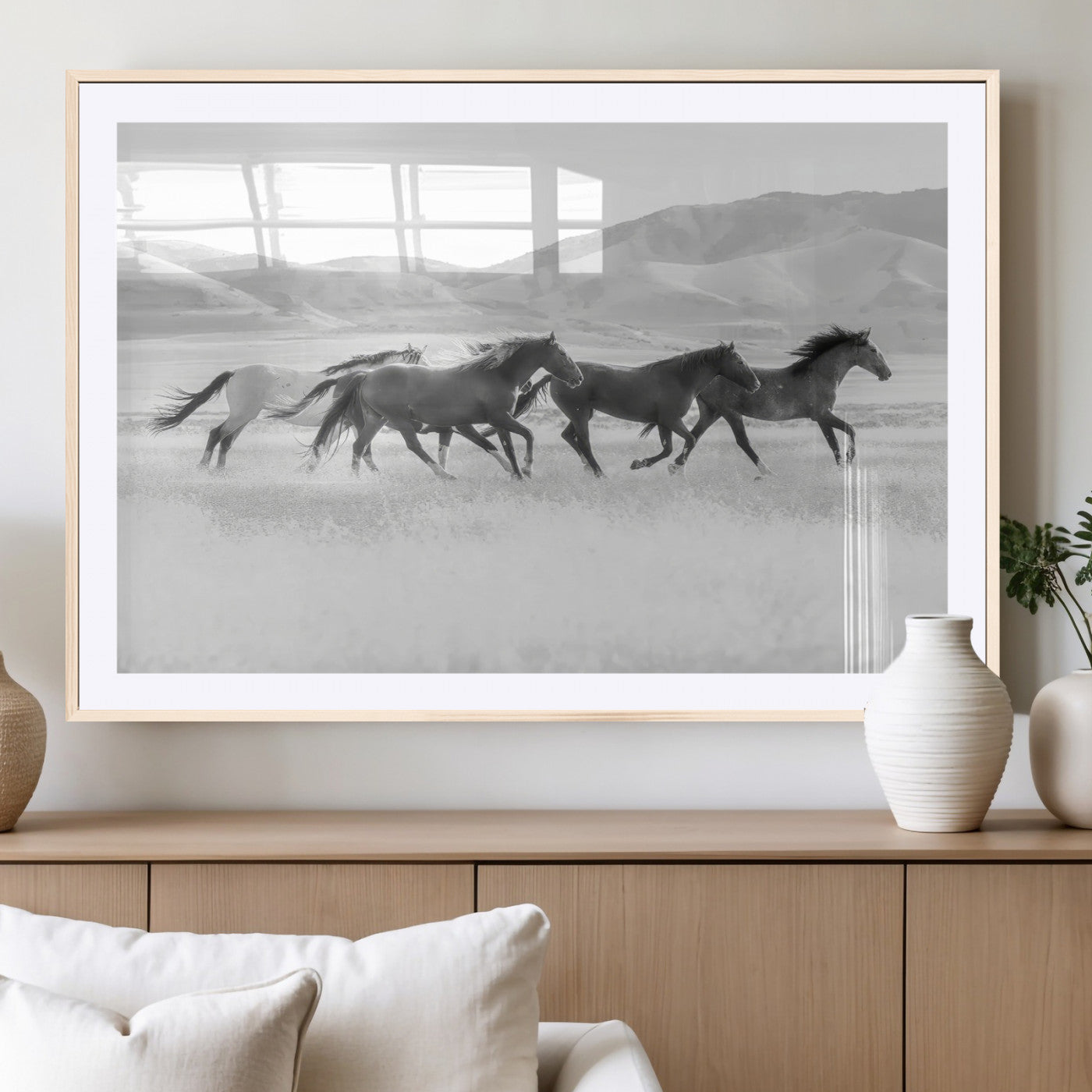MGC-FP-36x24 - Wild Horses Wall Art – Black & White Canvas Print of Herd Running, Nature in Motion, Freedom & Beauty Decor for Guest Room, Office or Living Room