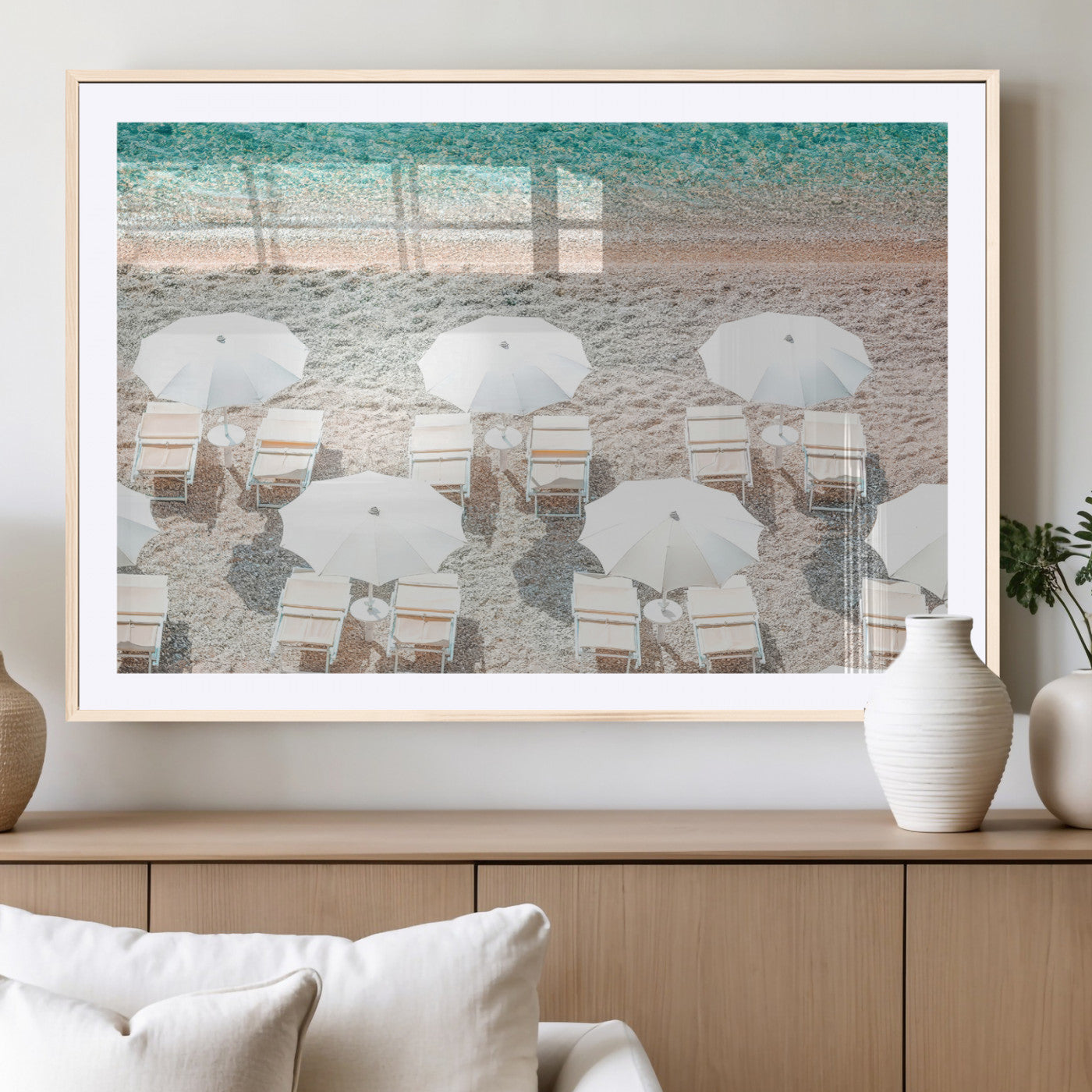 MGC-FP-36x24 - Calm Beach Wall Art Canvas Print, Framed Turquoise Water Art Picture Print, Umbrella Shoreline Perfect Coastal Minimalist Decor Artwork
