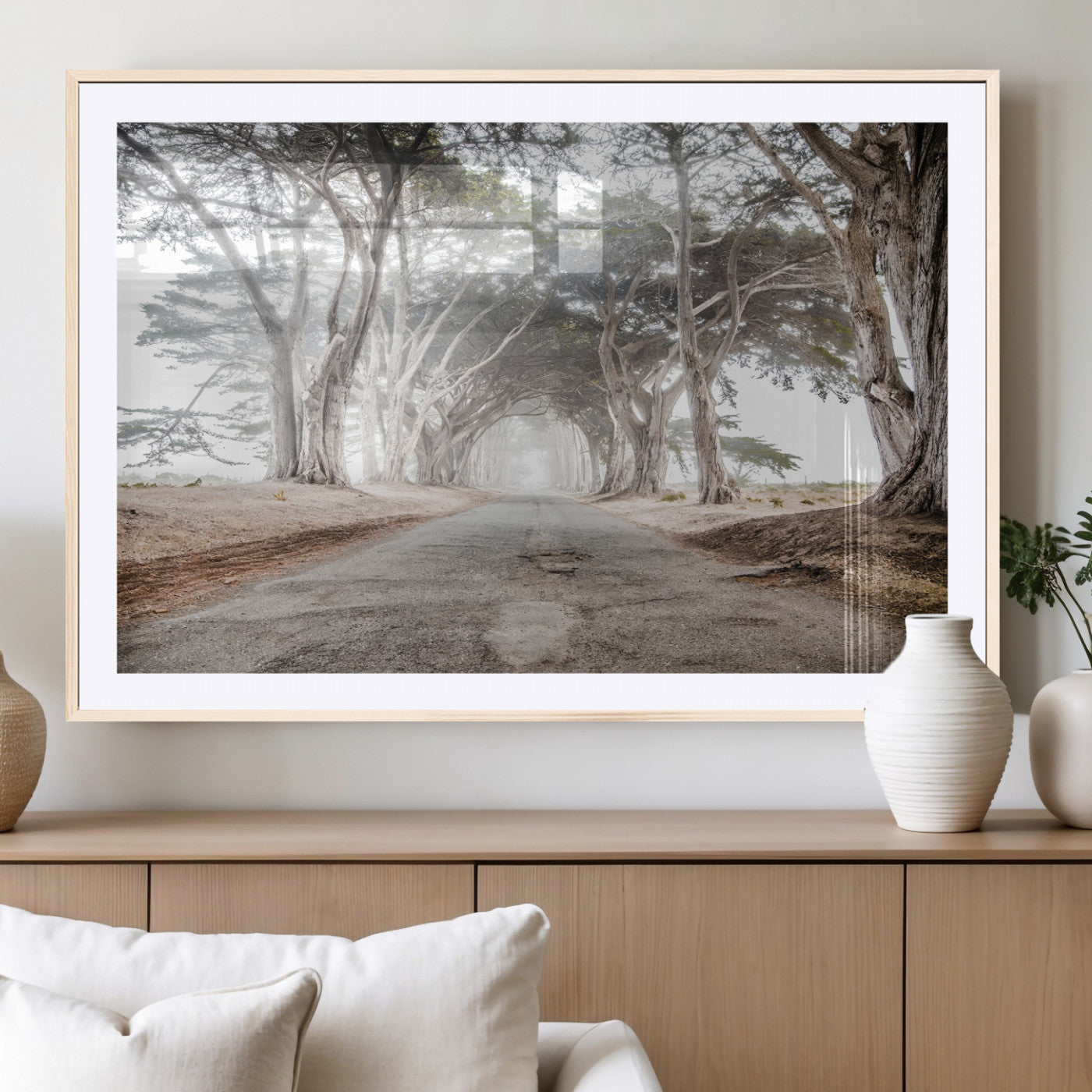 87090469-MGV-CV-36X24-Cypress Tunnel Wall Art – Framed Misty Road Canvas Artwork, Foggy Trees Design, Rustic Woodland Nature Decor for Home, Office