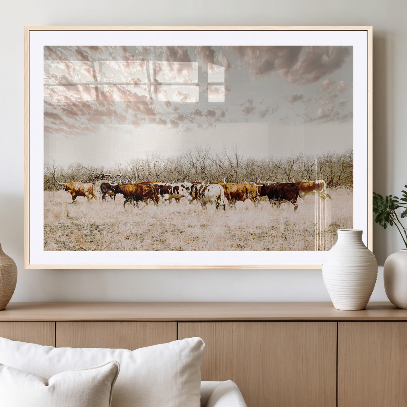64892775-MGV-CV-36X24-Longhorn Cattle Wall Art Canvas Print – Framed Texas Ranch Scene with Western Cow Artwork for Home, Office