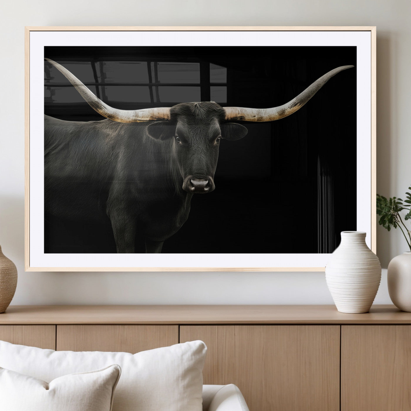 99448328-MGC-FP-36x24_Natural-Longhorn Cattle Wall Art Canvas Print – Framed Texas Ranch Scene with Western Cow Artwork for Home, Office, Living Room