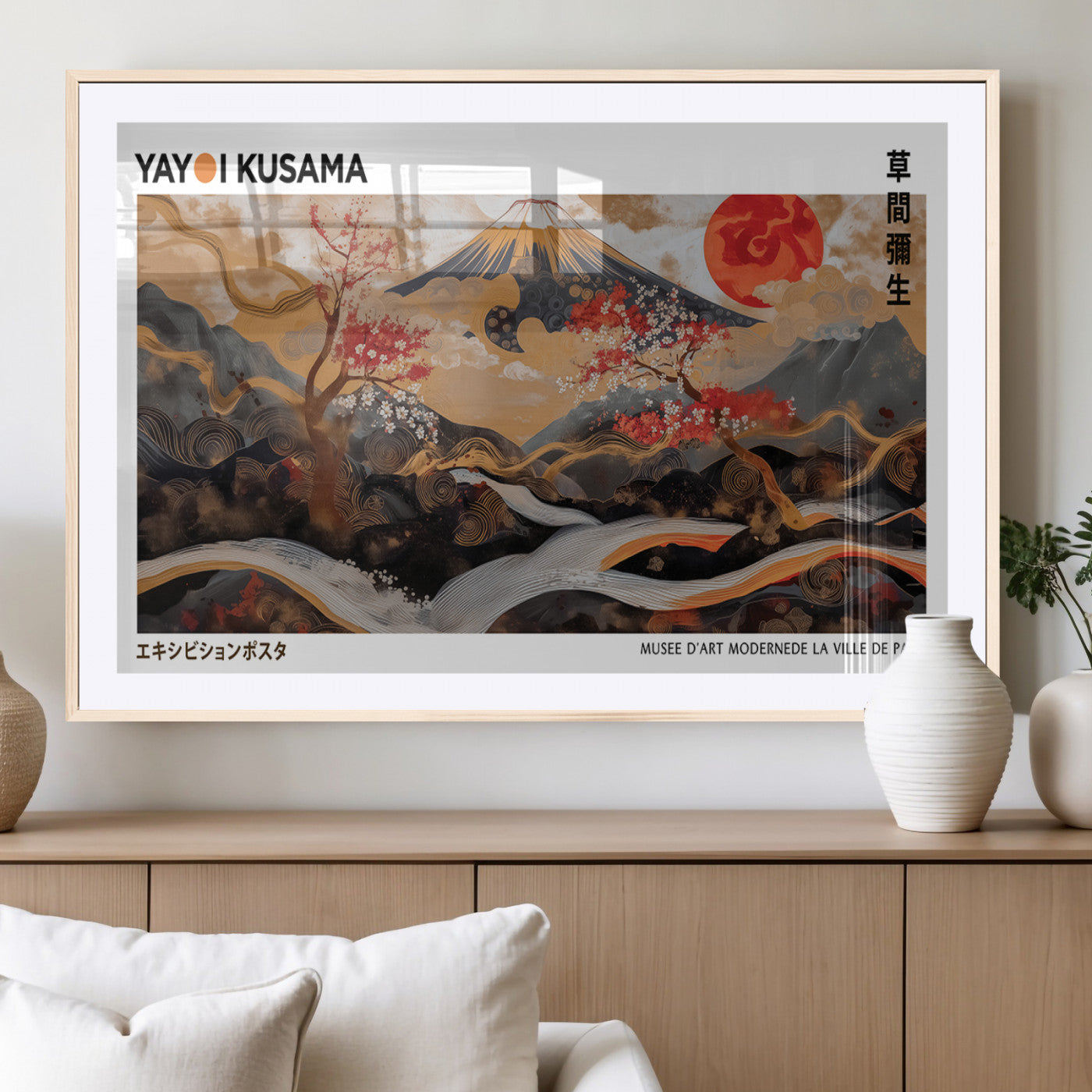 40959107-MGC-FP-36x24_Natural-Modern Japanese Wall Art Canvas Print – Framed Abstract Mount Fuji Scene Inspired Yayoi Kusama for Home, Office