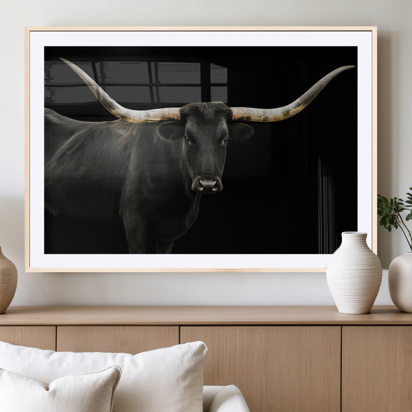 -Texas Longhorn Wall Art Canvas Print, Framed Rustic Western Art Picture Print, Farmhouse Animal Perfect Modern Western Minimalist Decor Artwork