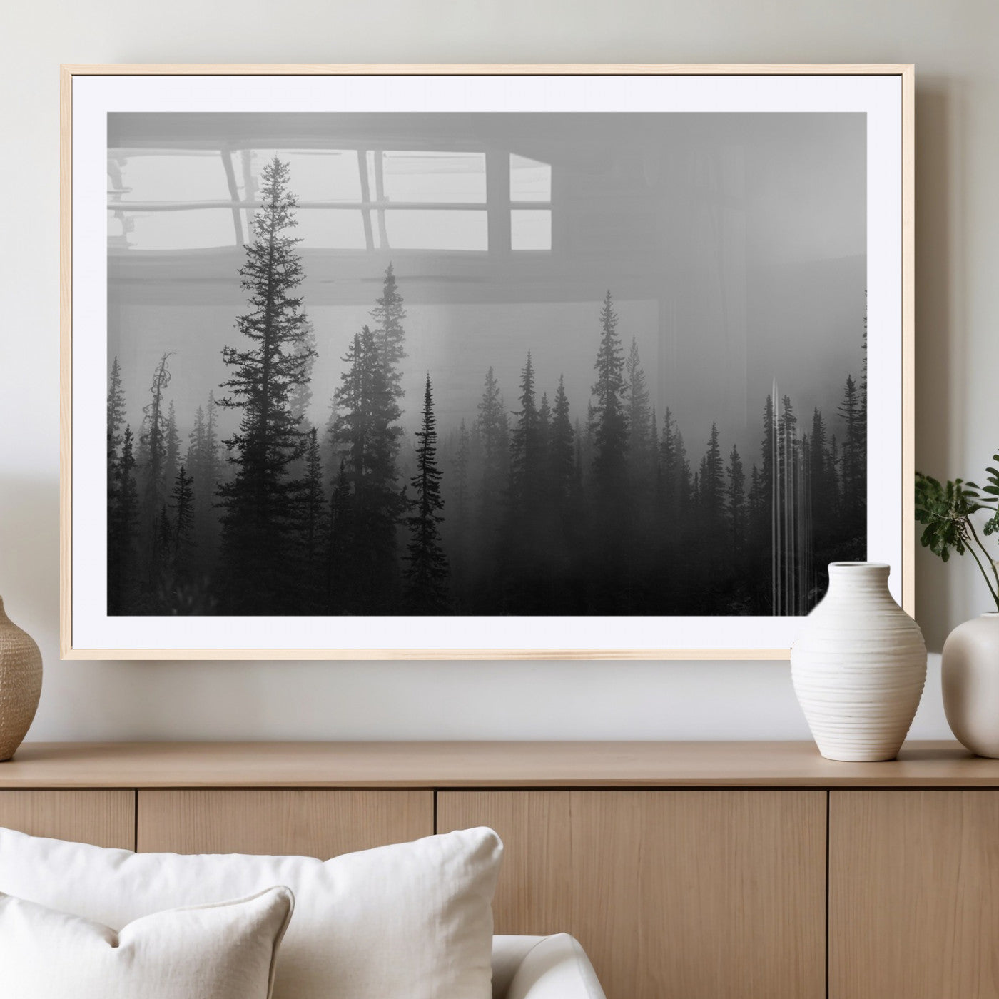 73138900-MGC-FP-36x24_Natural-Misty Pines Wall Art Canvas Print – Framed Woodland Minimalist Rustic Nature Scene Photography Artwork for Home Office