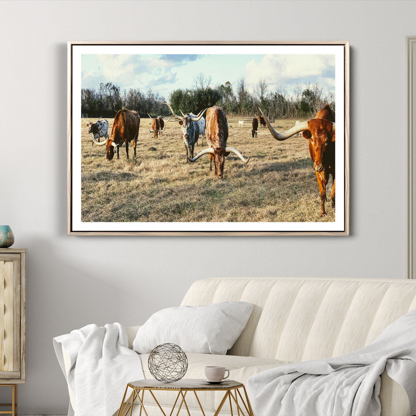-Texas Longhorns Wall Art Canvas Print – Rustic Western Farm Scene Cattle Country Landscape Artwork for Home Office