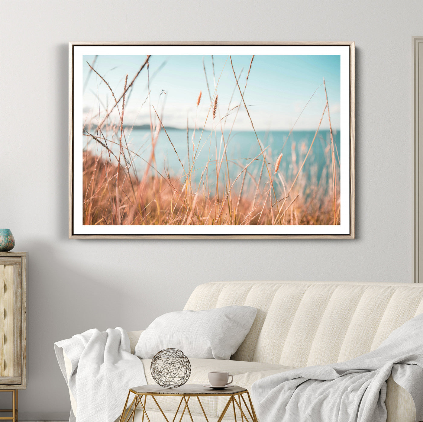 36108696-MGV-CV-36X24-Coastal Grass Landscape Wall Art Canvas Print – Golden Shoreline Nature Scene Serene Ocean View Artwork for Home Office