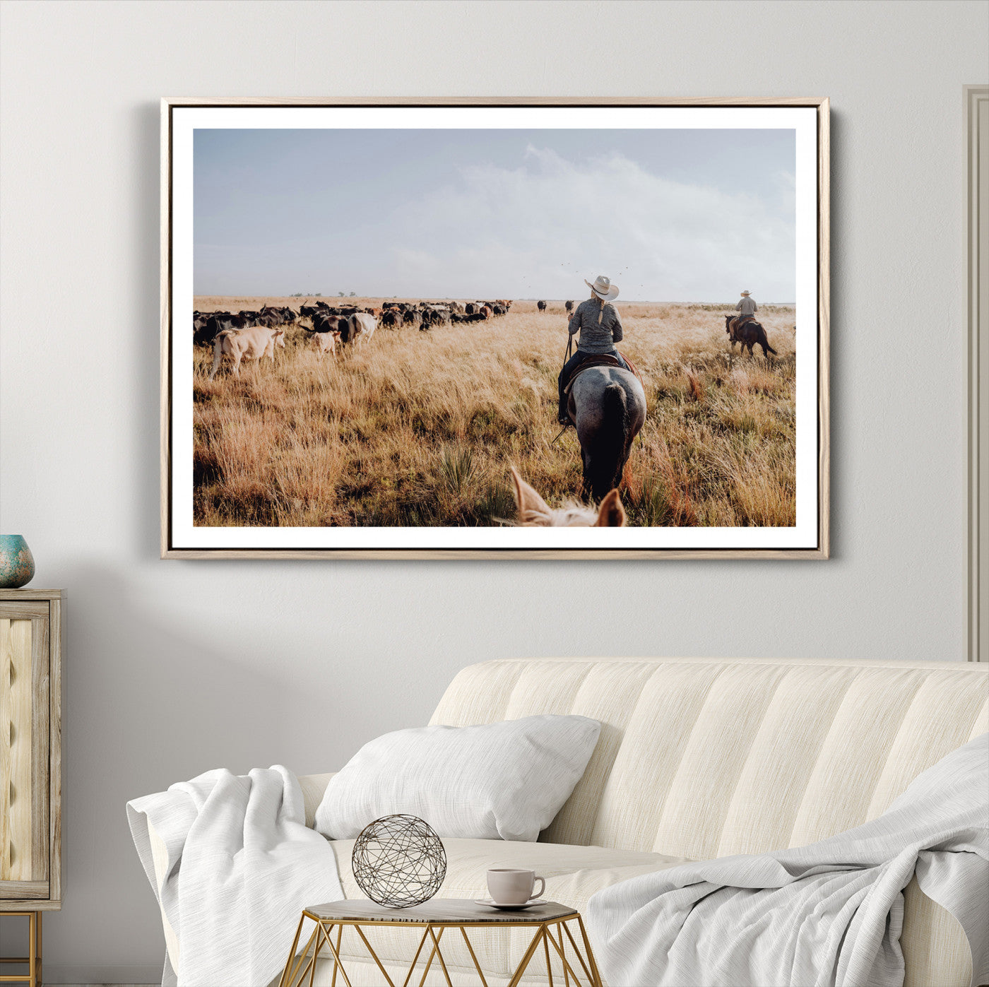 22431577-MGV-CV-36X24-Western Wall Art Canvas Print – Framed Cowboy Cattle Drive Scene Rustic Ranch Landscape Artwork for Home Office
