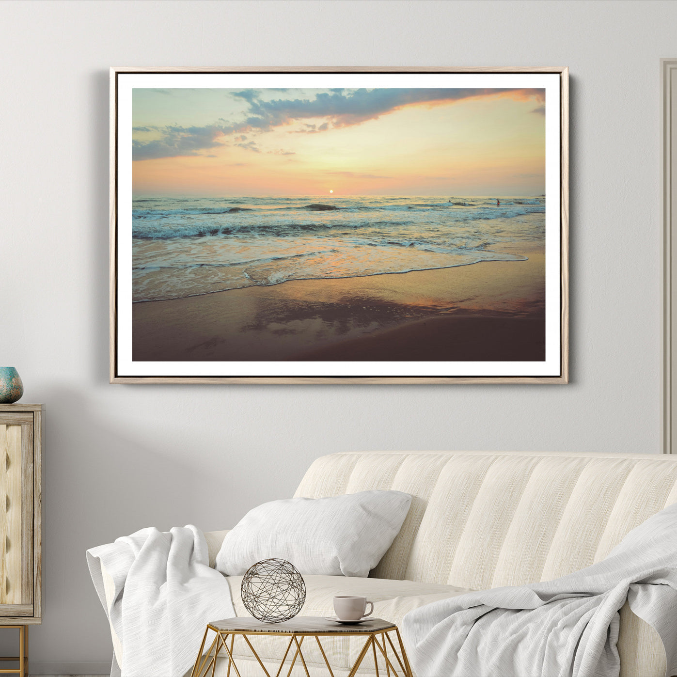 -Sunset Seascape Wall Art Canvas Print – Framed Pastel Ocean View Tranquil Beach Scene Nature Artwork for Home Office
