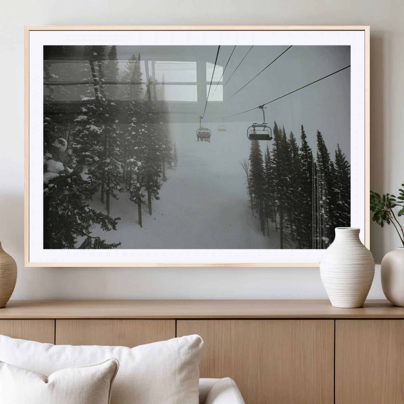 87018452-MGC-FP-36x24_Natural-Ski Lift Wall Art Canvas Print – Snowy Pines Misty Landscape Winter Serenity Artwork for Home, Office Decor